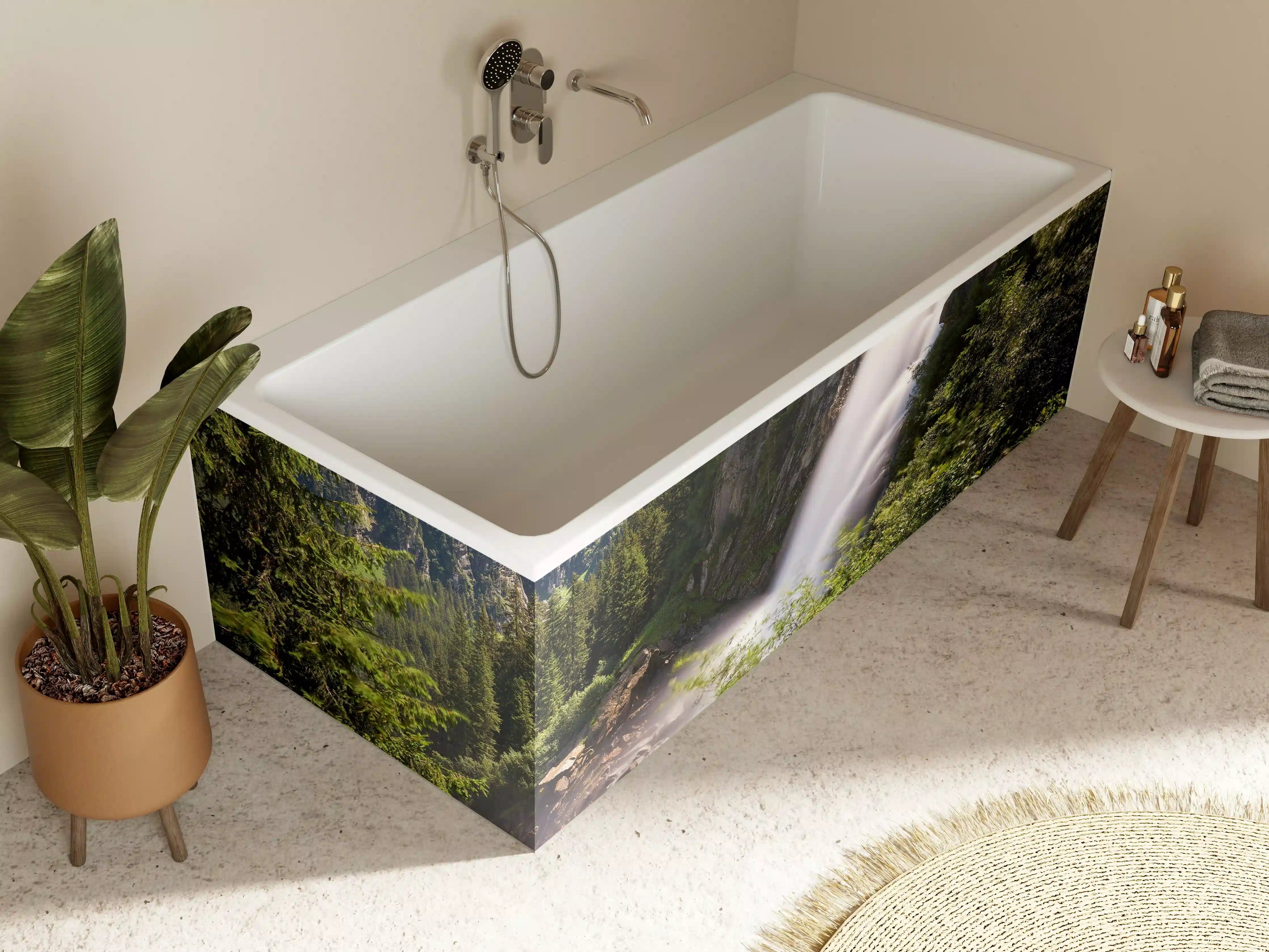 Badewannen-Rückwand - Silberner Wasserfall im grünen Licht