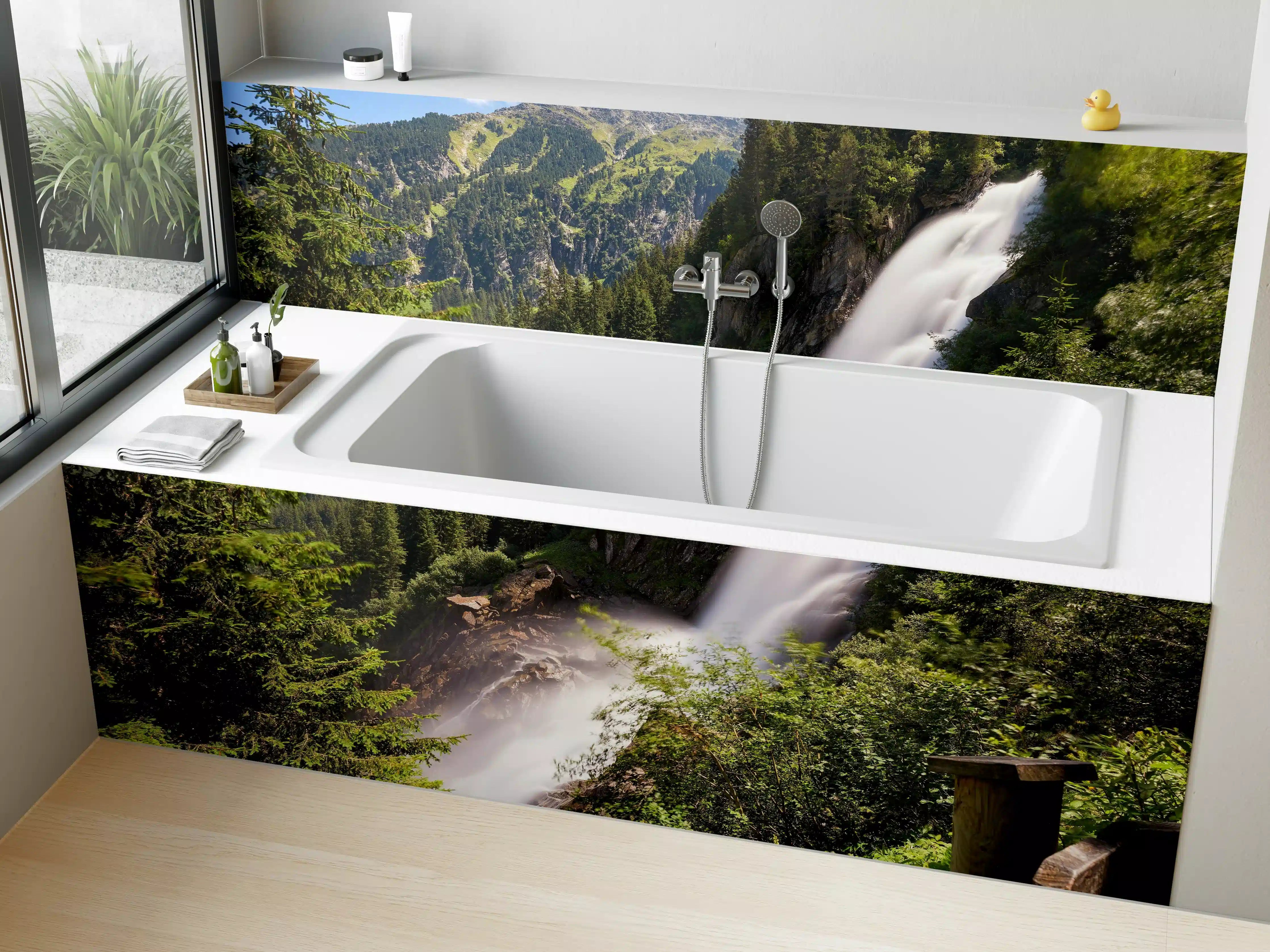 Badewannen-Rückwand - Silberner Wasserfall im grünen Licht