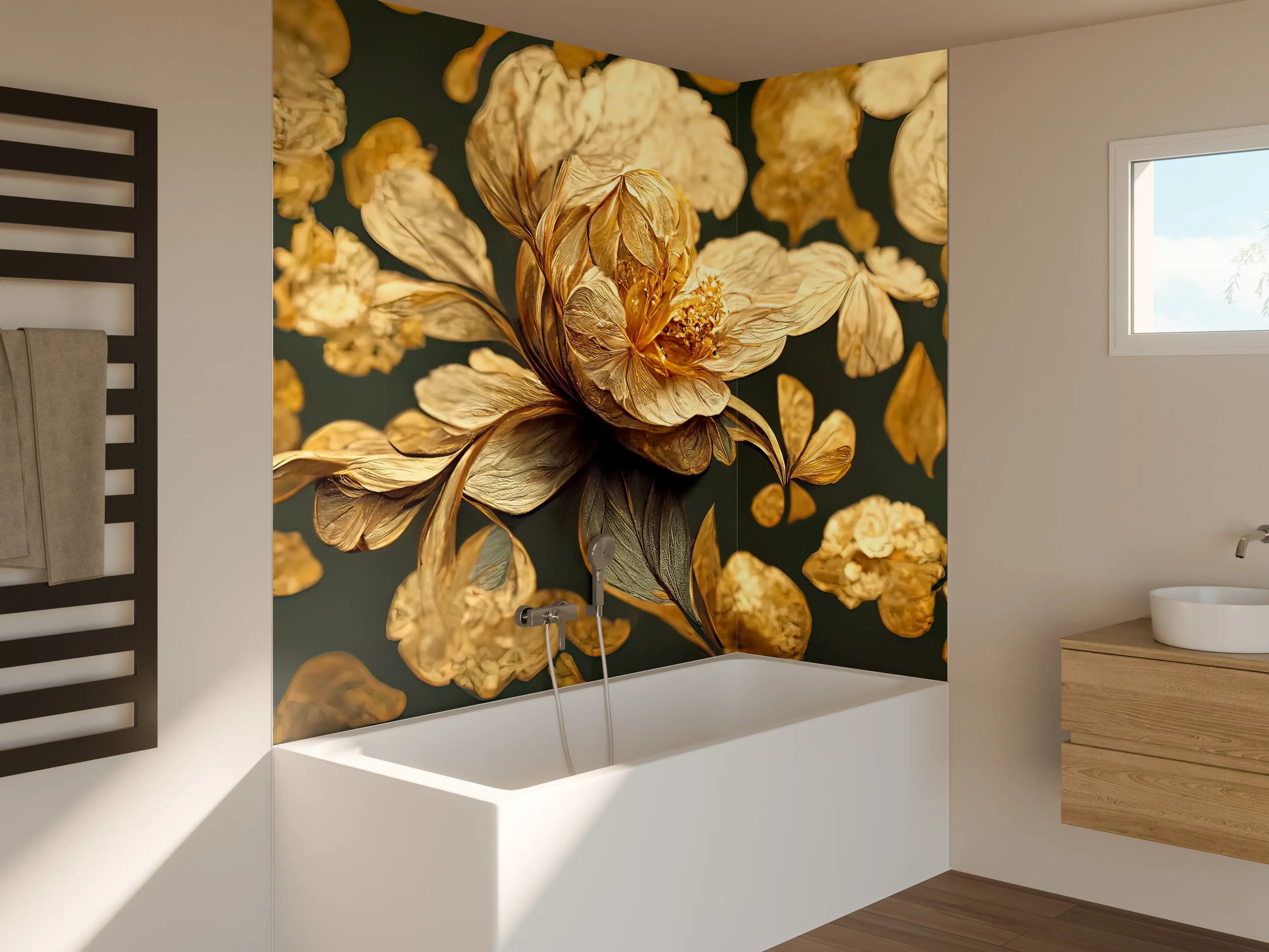 Badewannen-Rückwand - Silbrige Blüten auf dunklem Grund