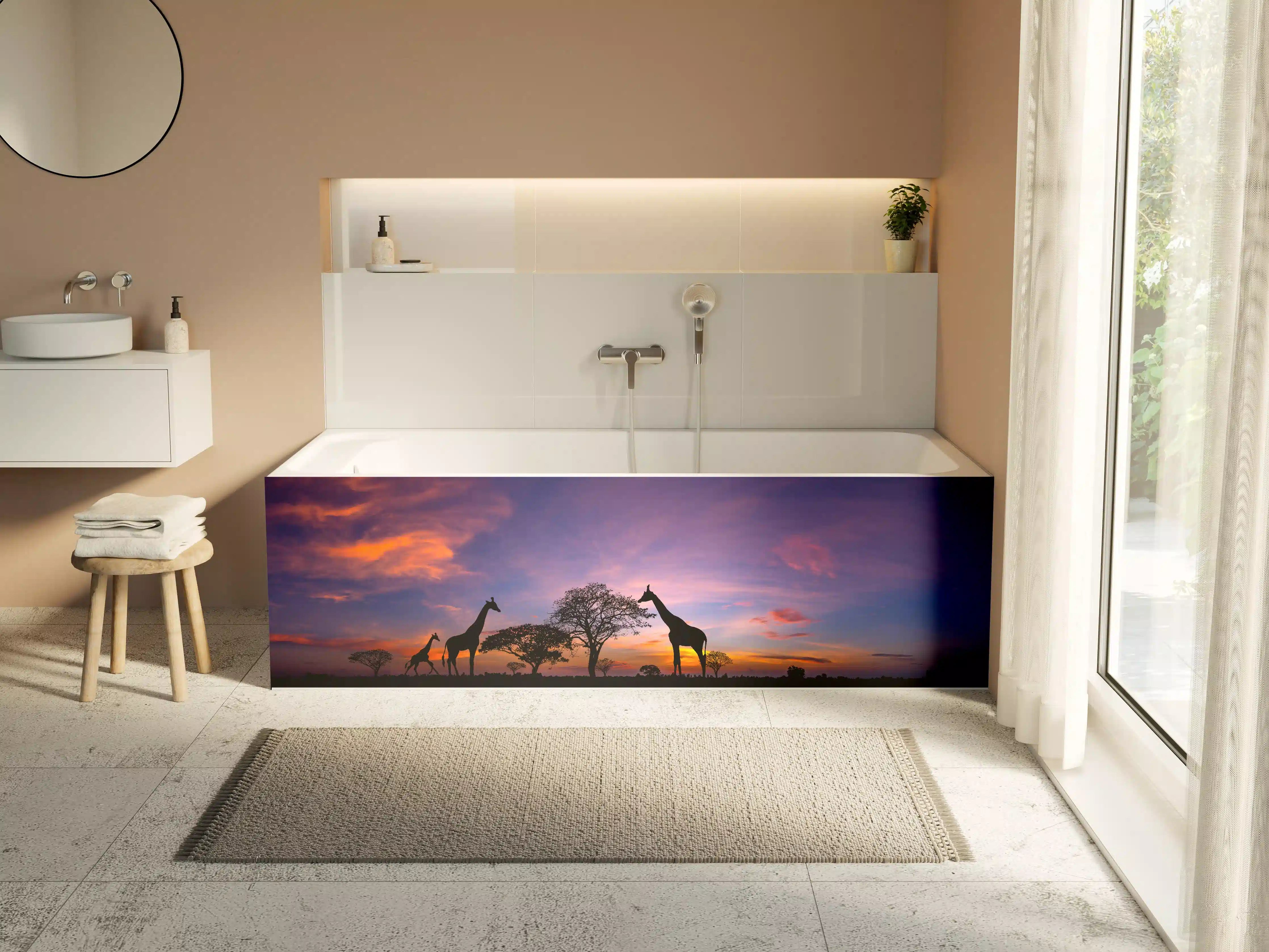 Badewannen-Rückwand - Silhouette - Giraffenfamilie bei Sonnenuntergang