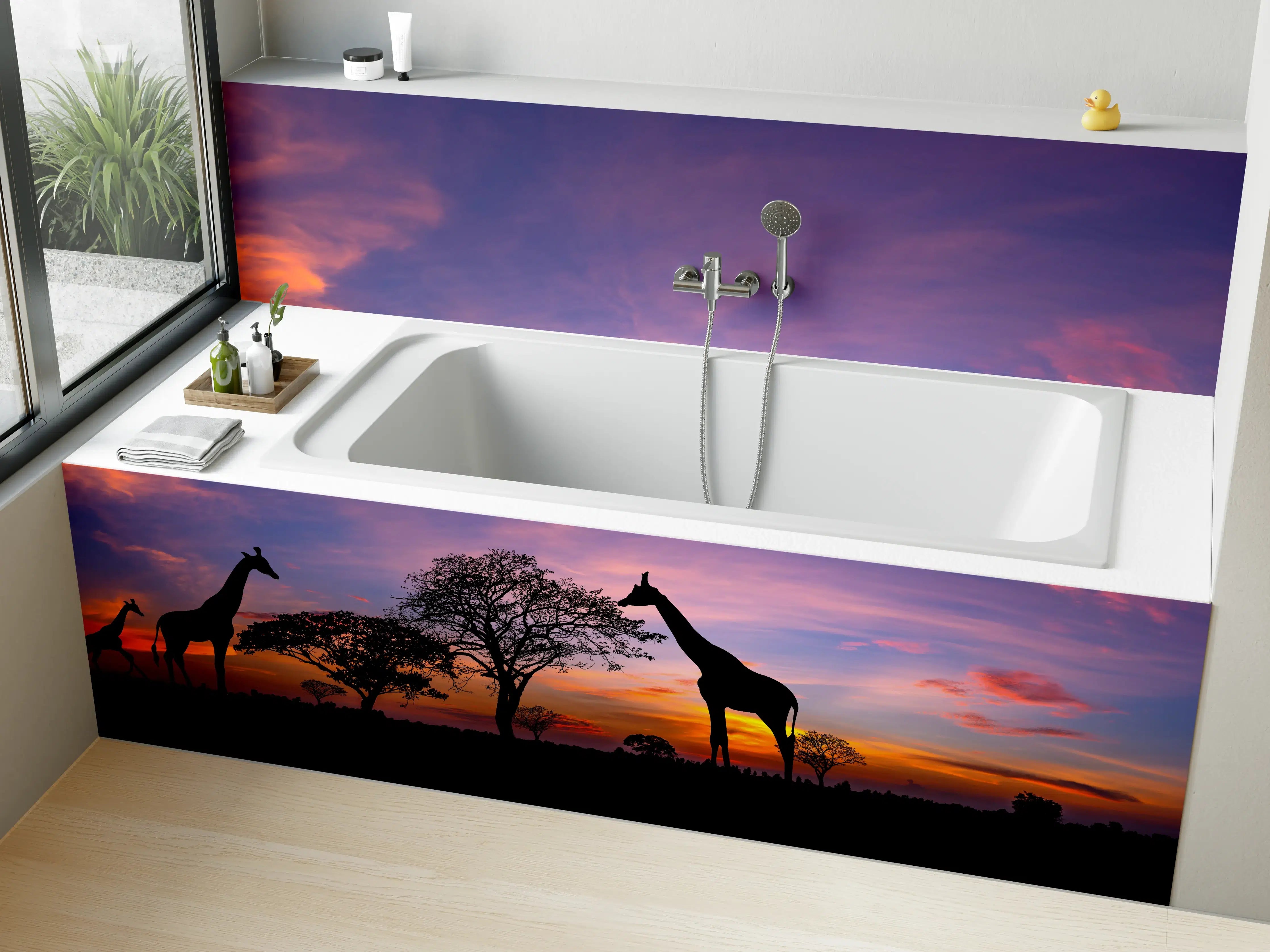 Badewannen-Rückwand - Silhouette - Giraffenfamilie bei Sonnenuntergang