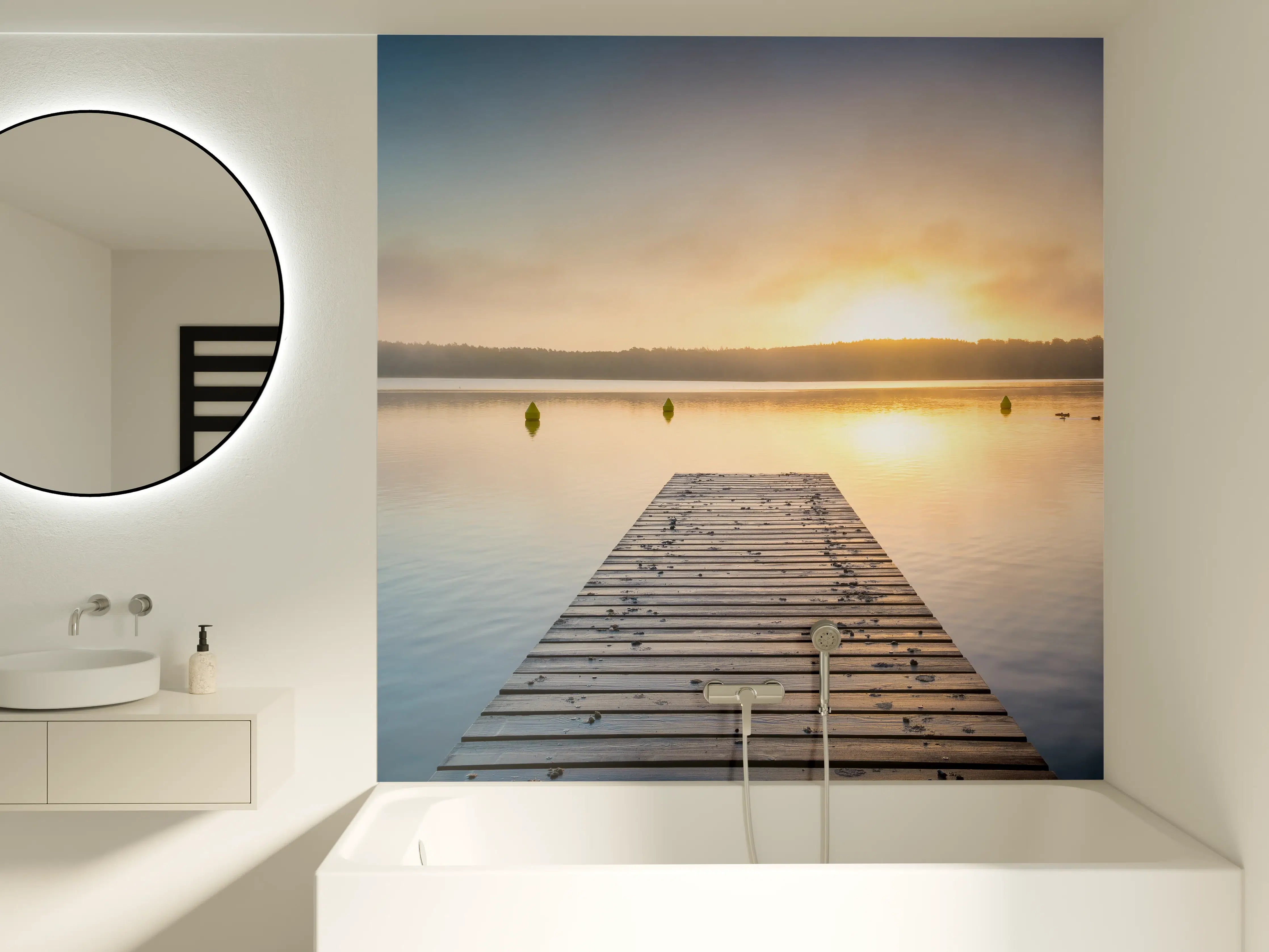 Badewannen-Rückwand - Sonnenaufgang am See mit Nebel