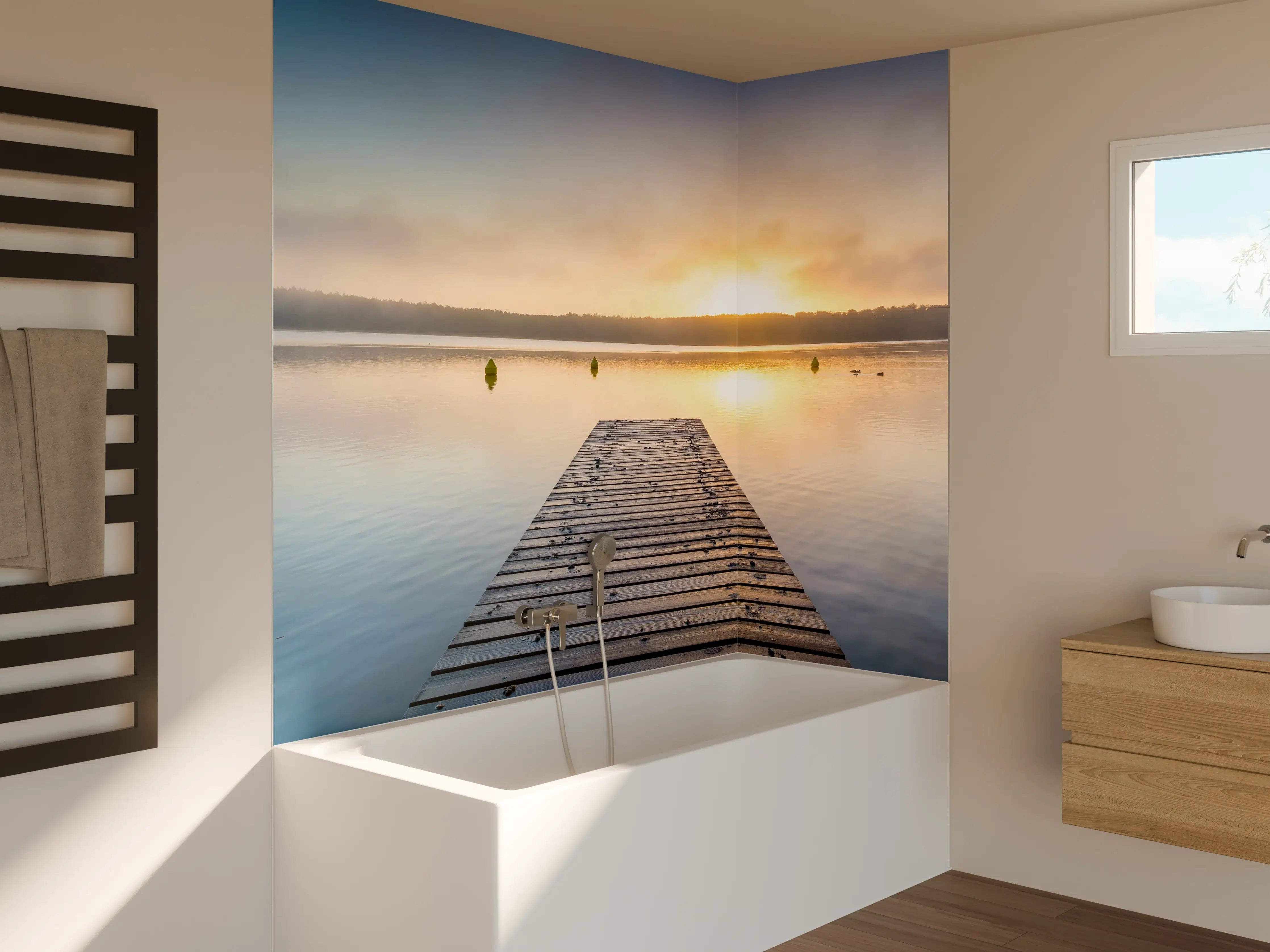 Badewannen-Rückwand - Sonnenaufgang am See mit Nebel