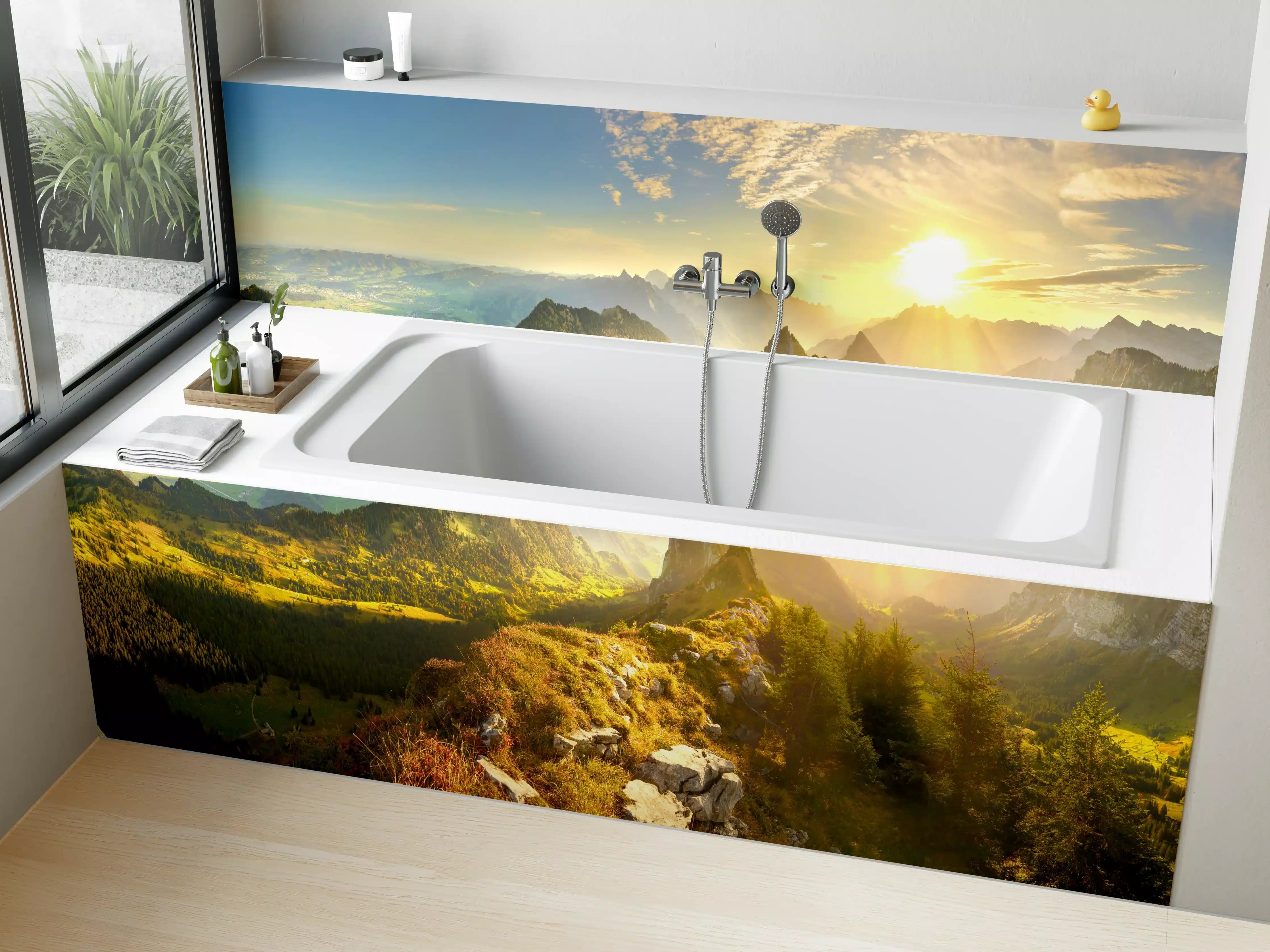 Badewannen-Rückwand - Sonnenaufgang über Schweizer Tal
