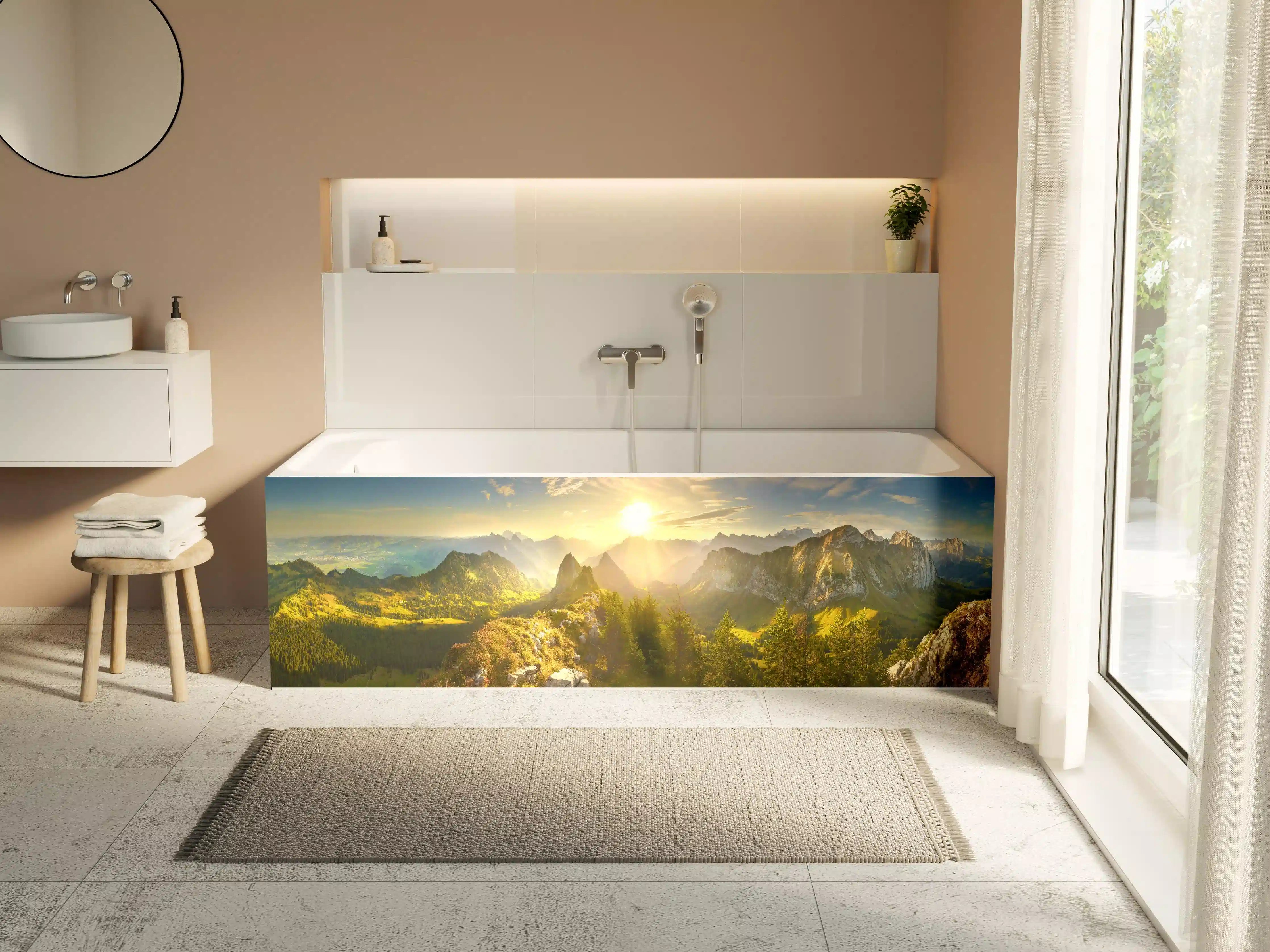 Badewannen-Rückwand - Sonnenaugang über Schweizer Alpen