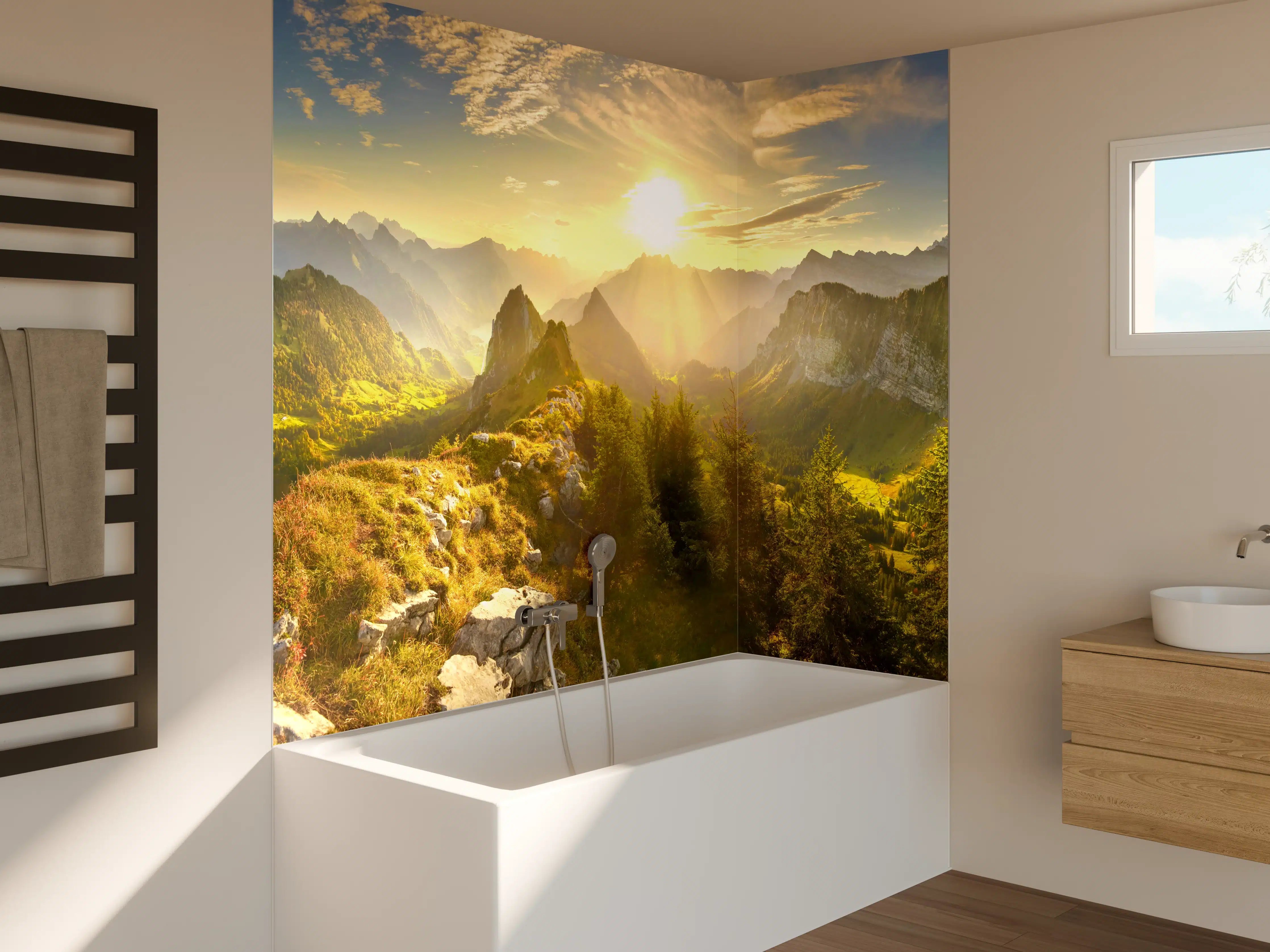 Badewannen-Rückwand - Sonnenaugang über Schweizer Alpen