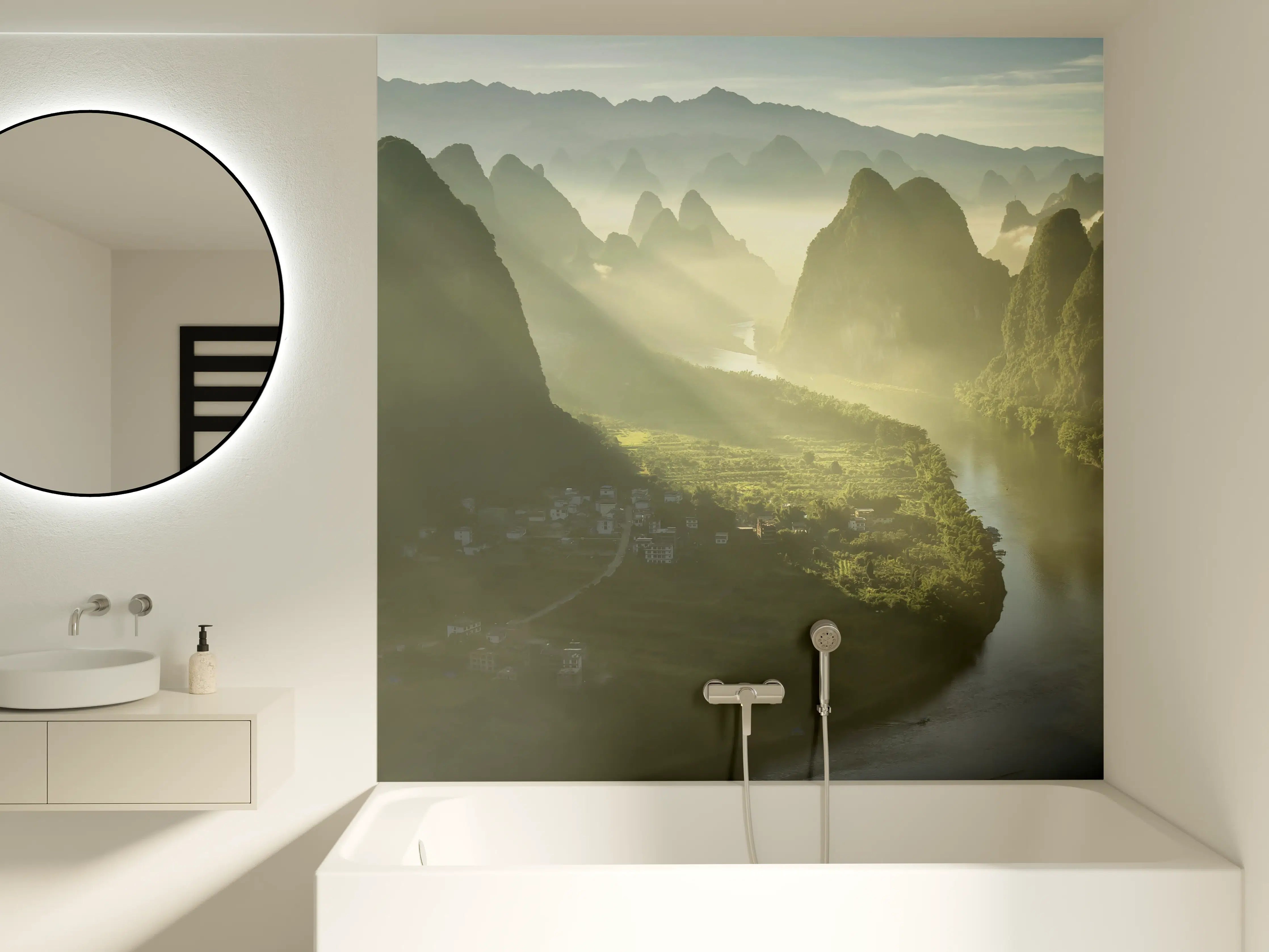 Badewannen-Rückwand - Sonnendurchflutete Li-Flusslandschaft