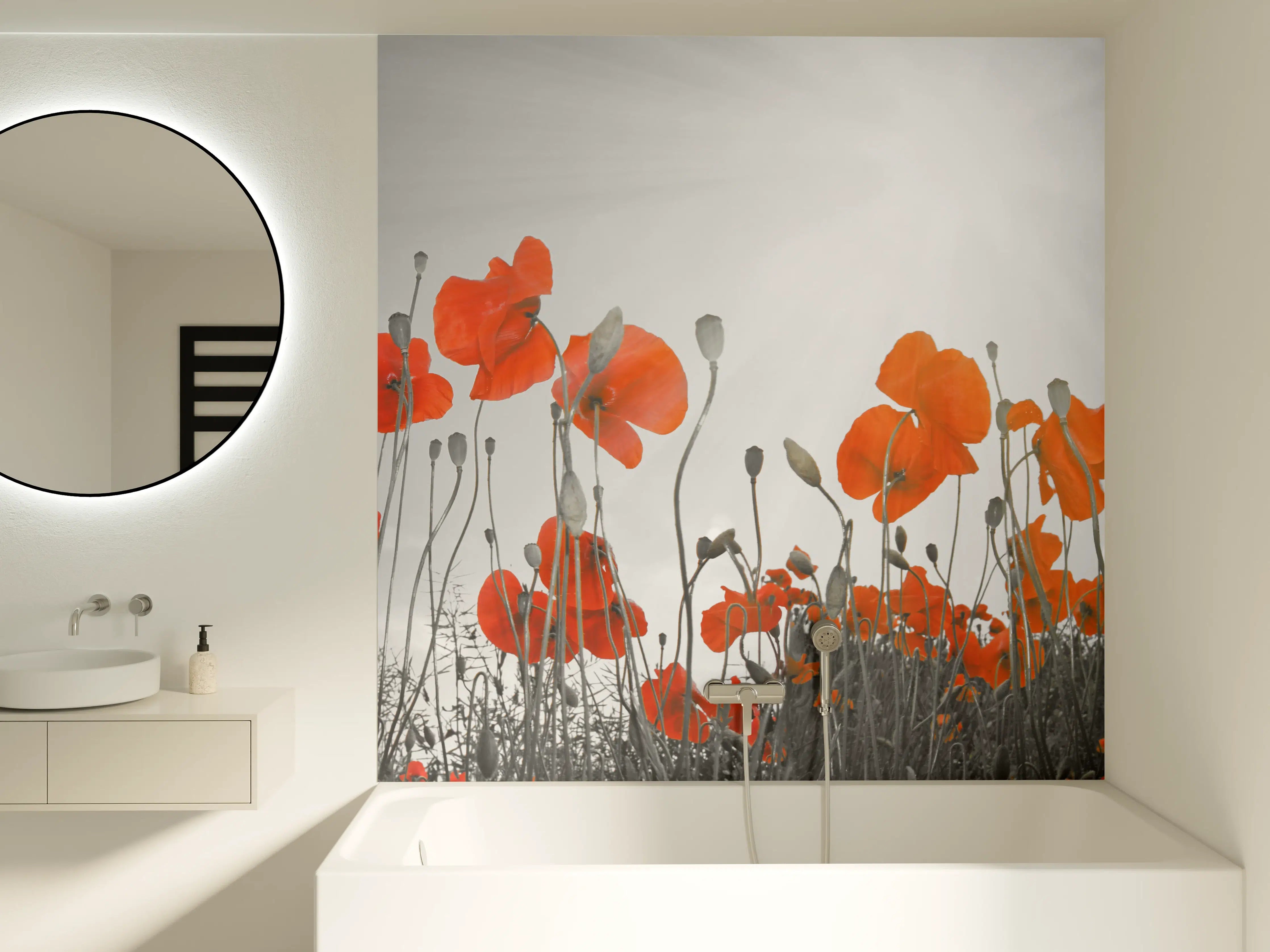 Badewannen-Rückwand - Sonnengetönte Mohnblumen im Grau