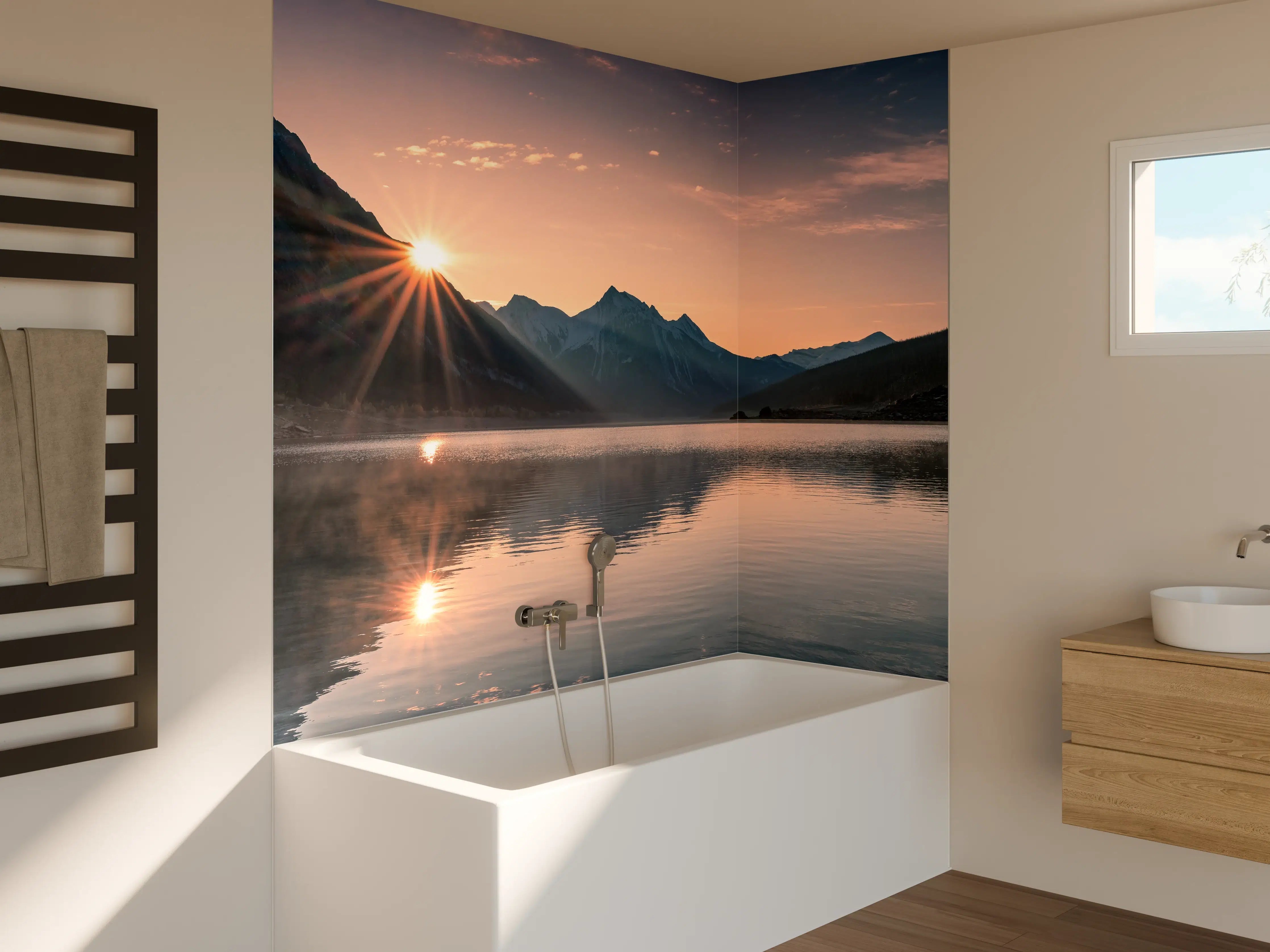 Badewannen-Rückwand - Sonnenstrahlen im Bergnebel