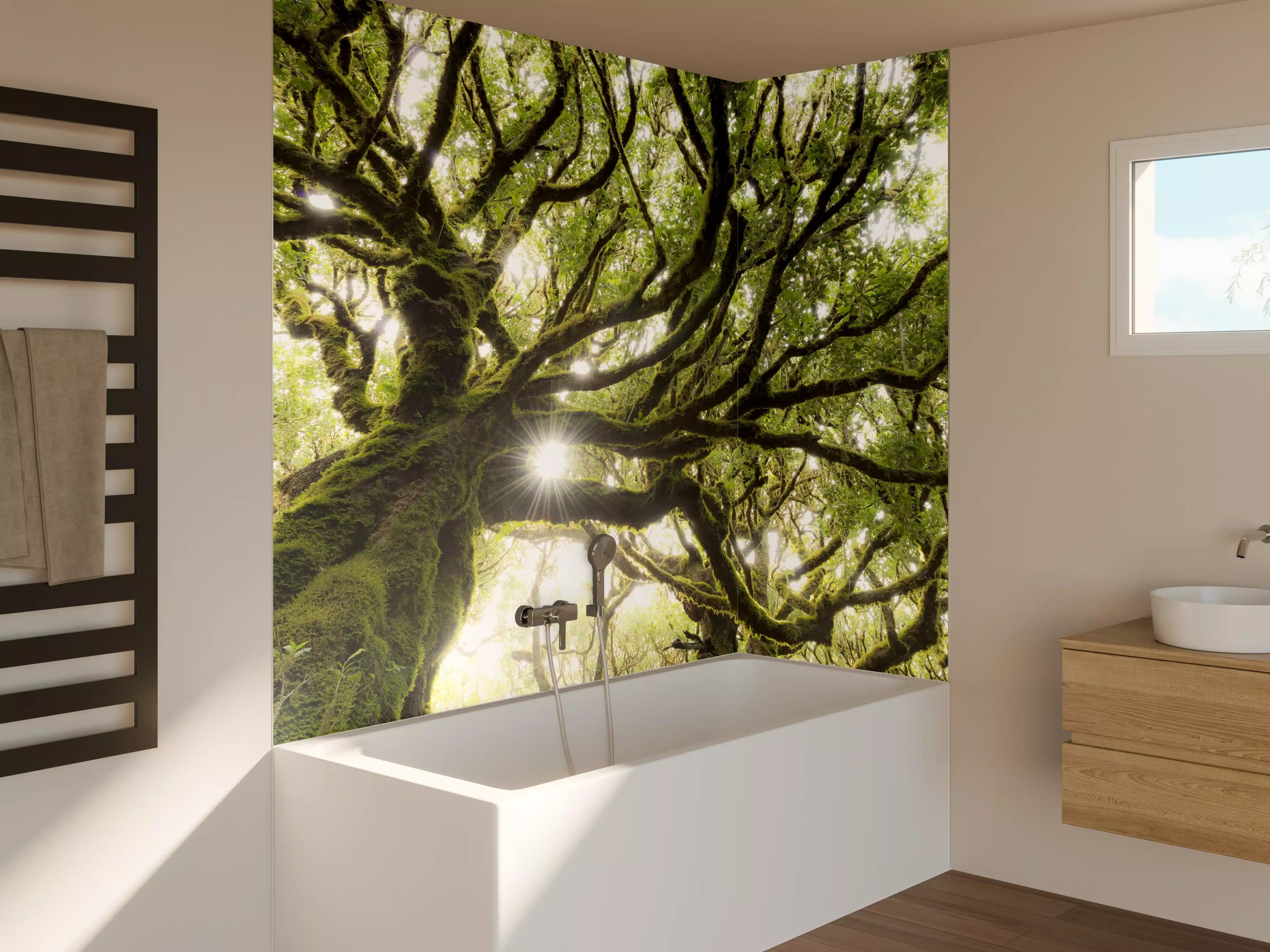 Badewannen-Rückwand - Sonnenstrahlen im Wald