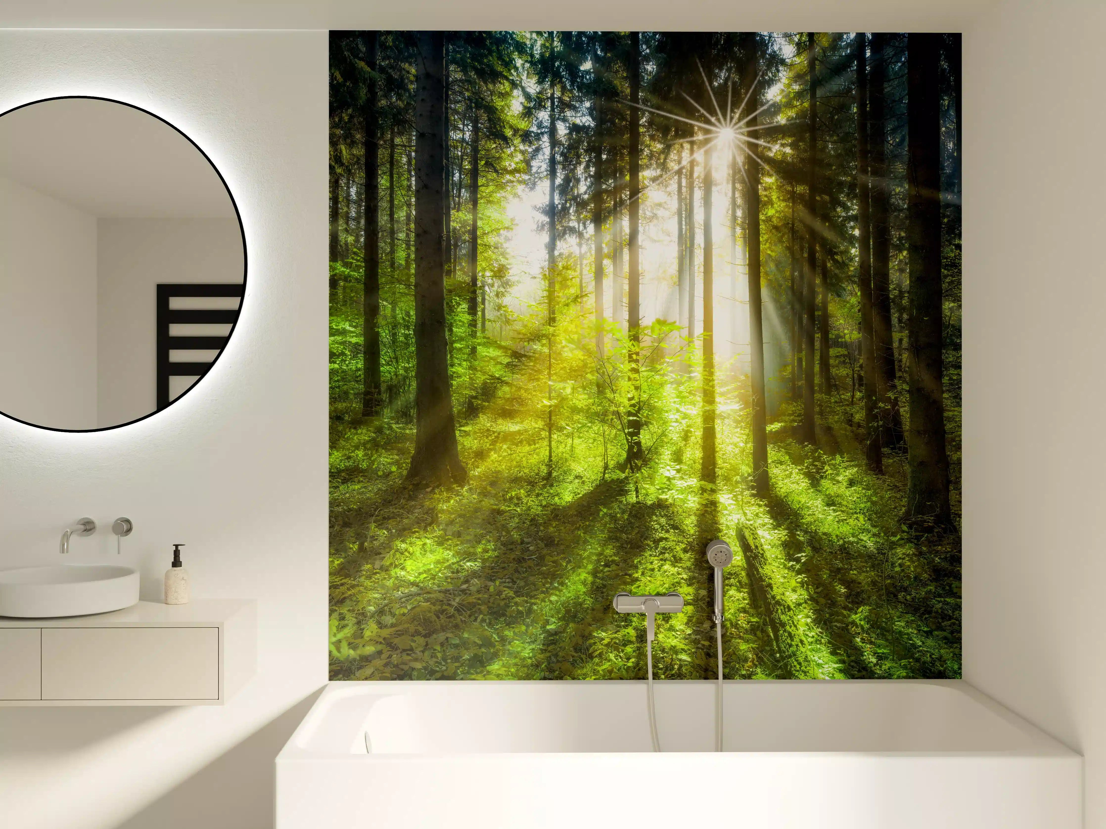 Badewannen-Rückwand - Sonnenstrahlen im lebendigem Wald