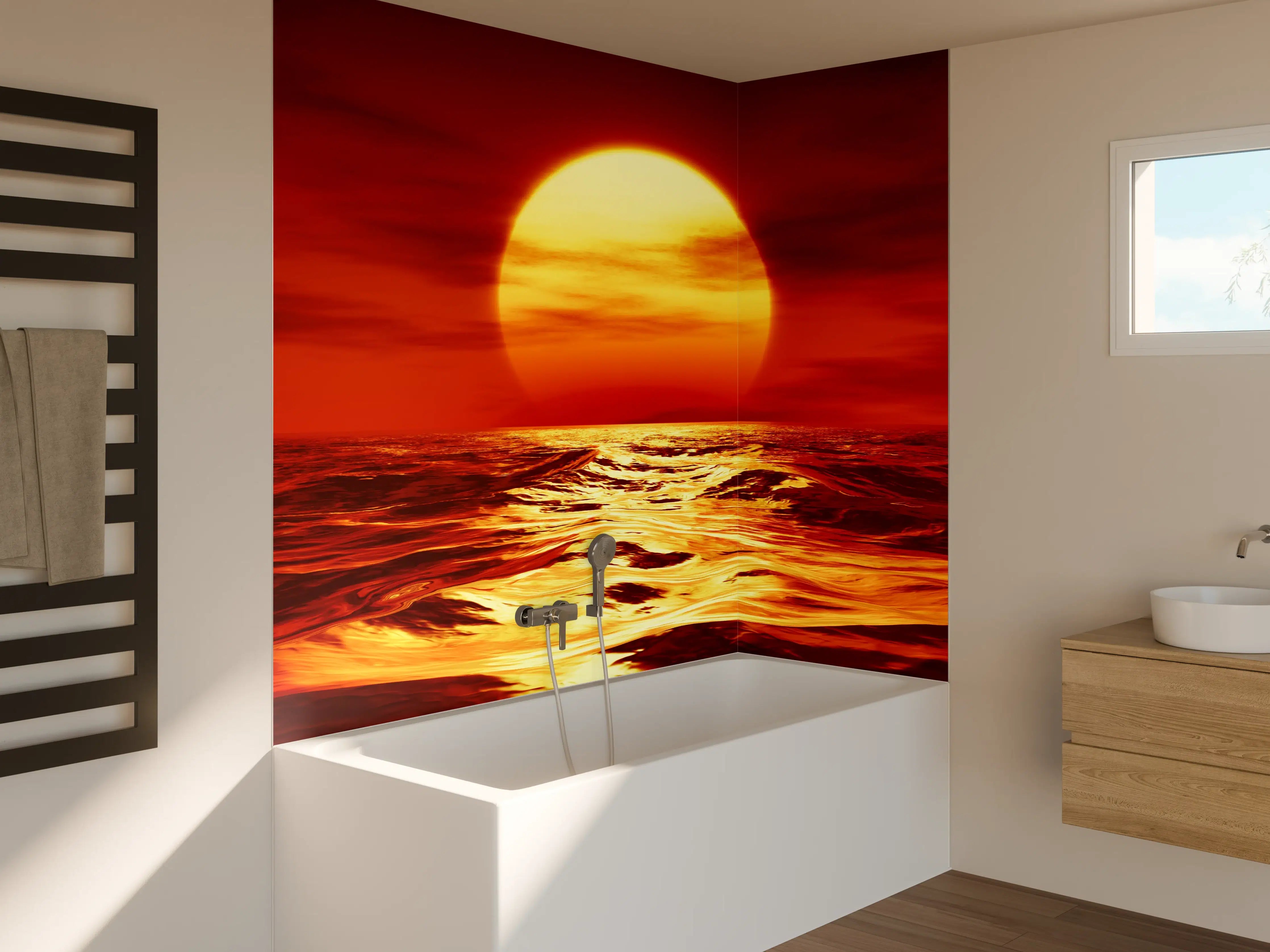 Badewannen-Rückwand - Sonnenuntergang am Meer in warmen Orangetönen