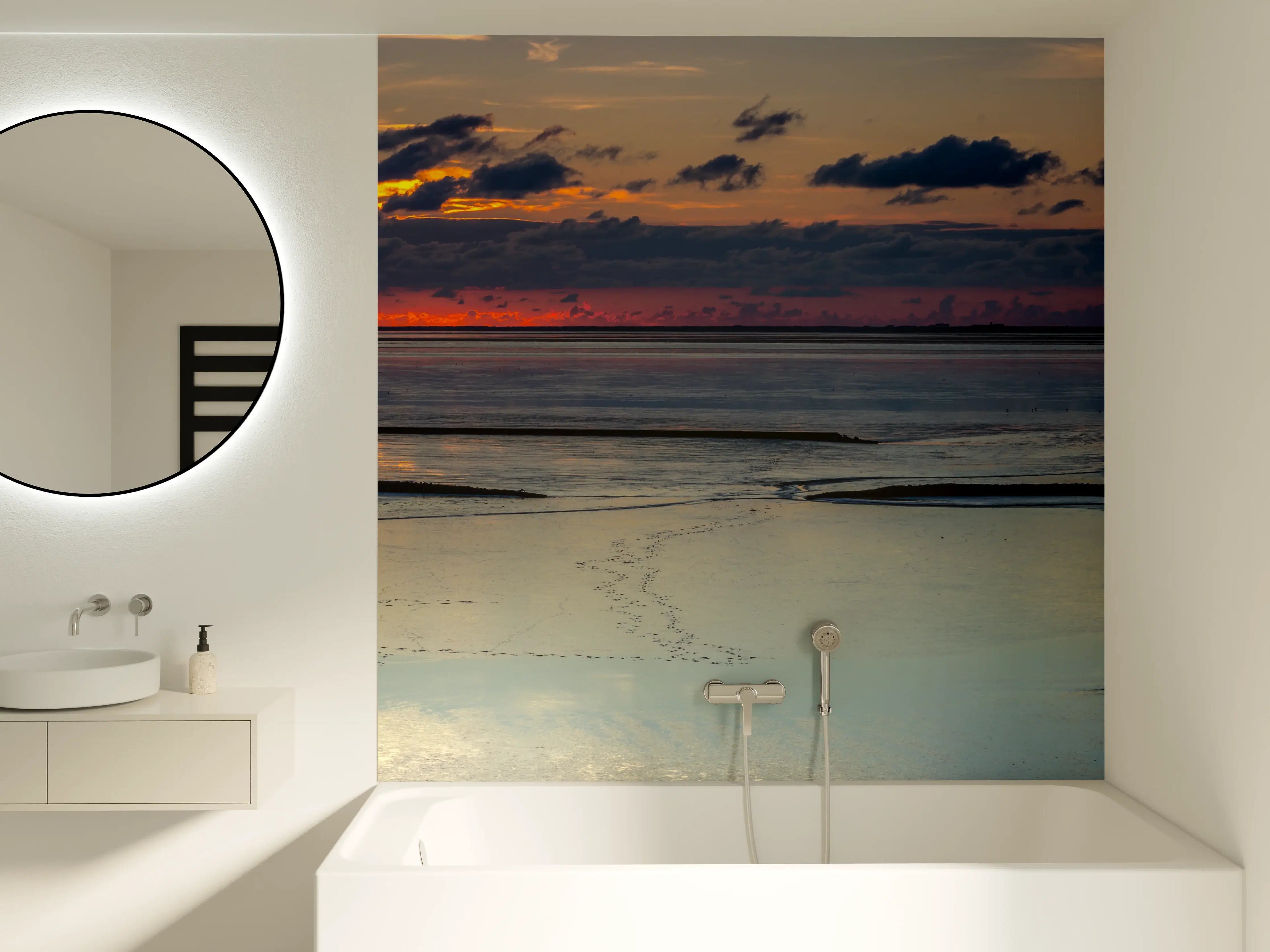 Badewannen-Rückwand - Sonnenuntergang am Meer mit Spiegelung