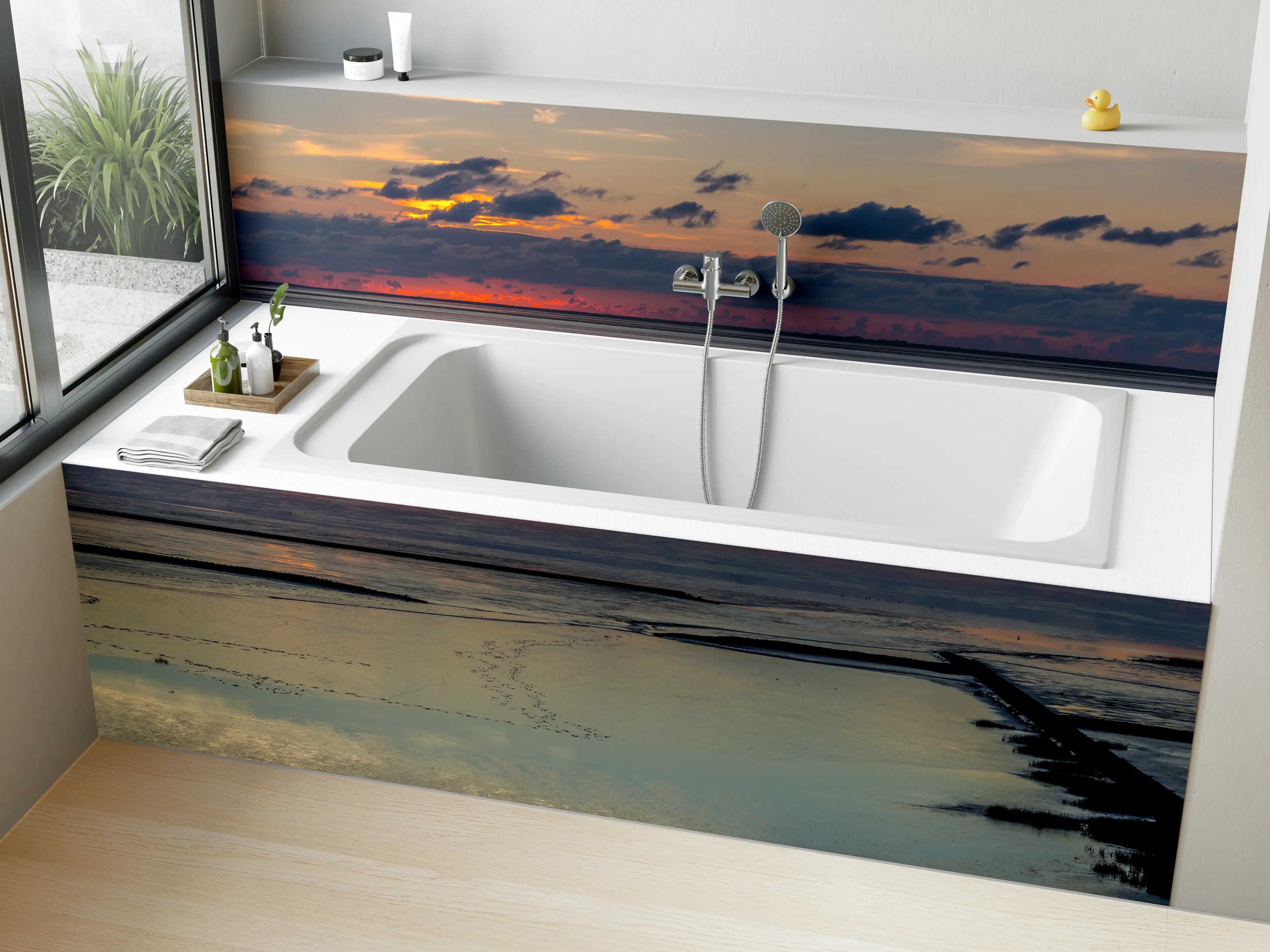 Badewannen-Rückwand - Sonnenuntergang am Meer mit Spiegelung