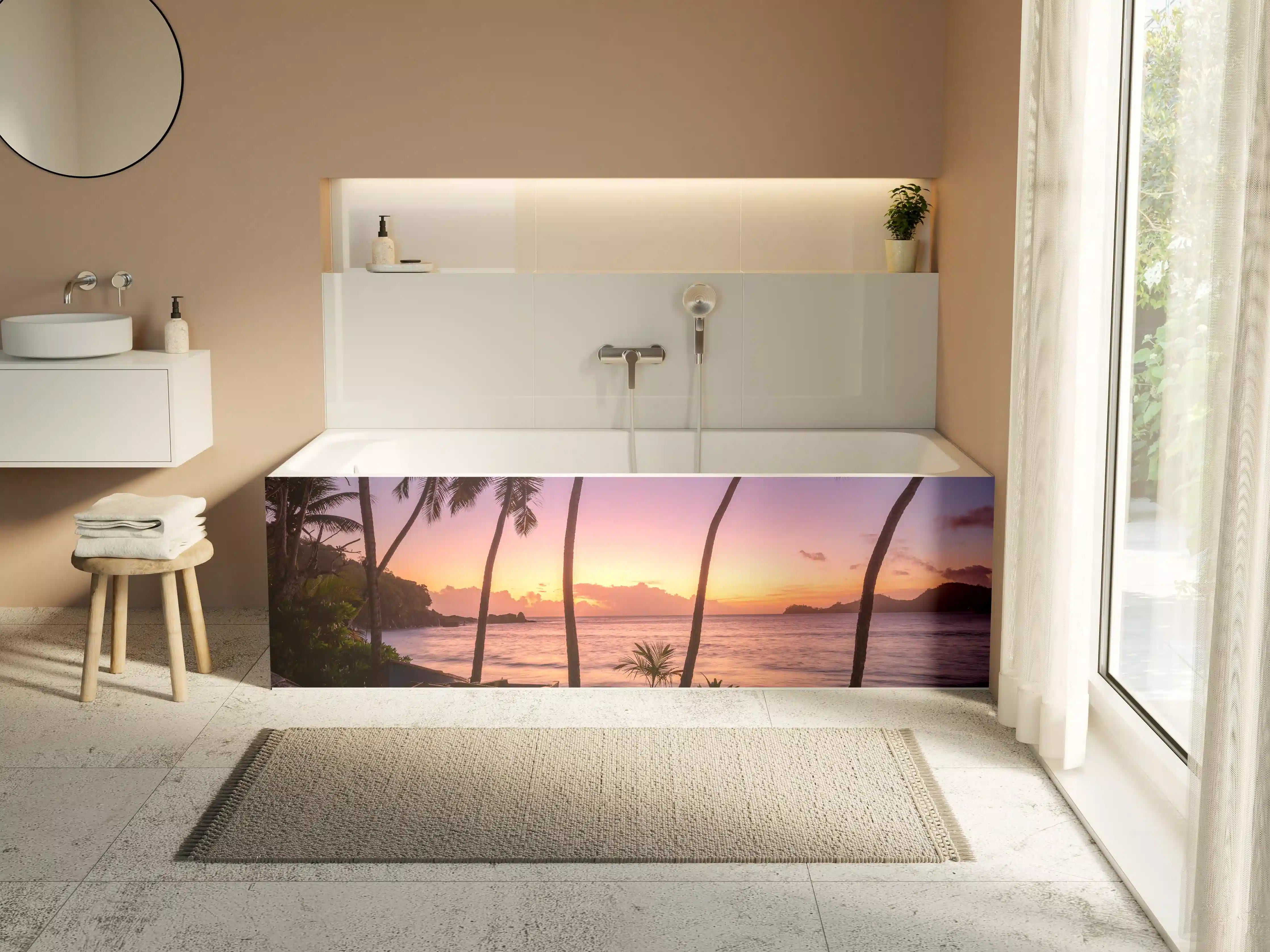 Badewannen-Rückwand - Sonnenuntergang am Strand Anse Takamaka