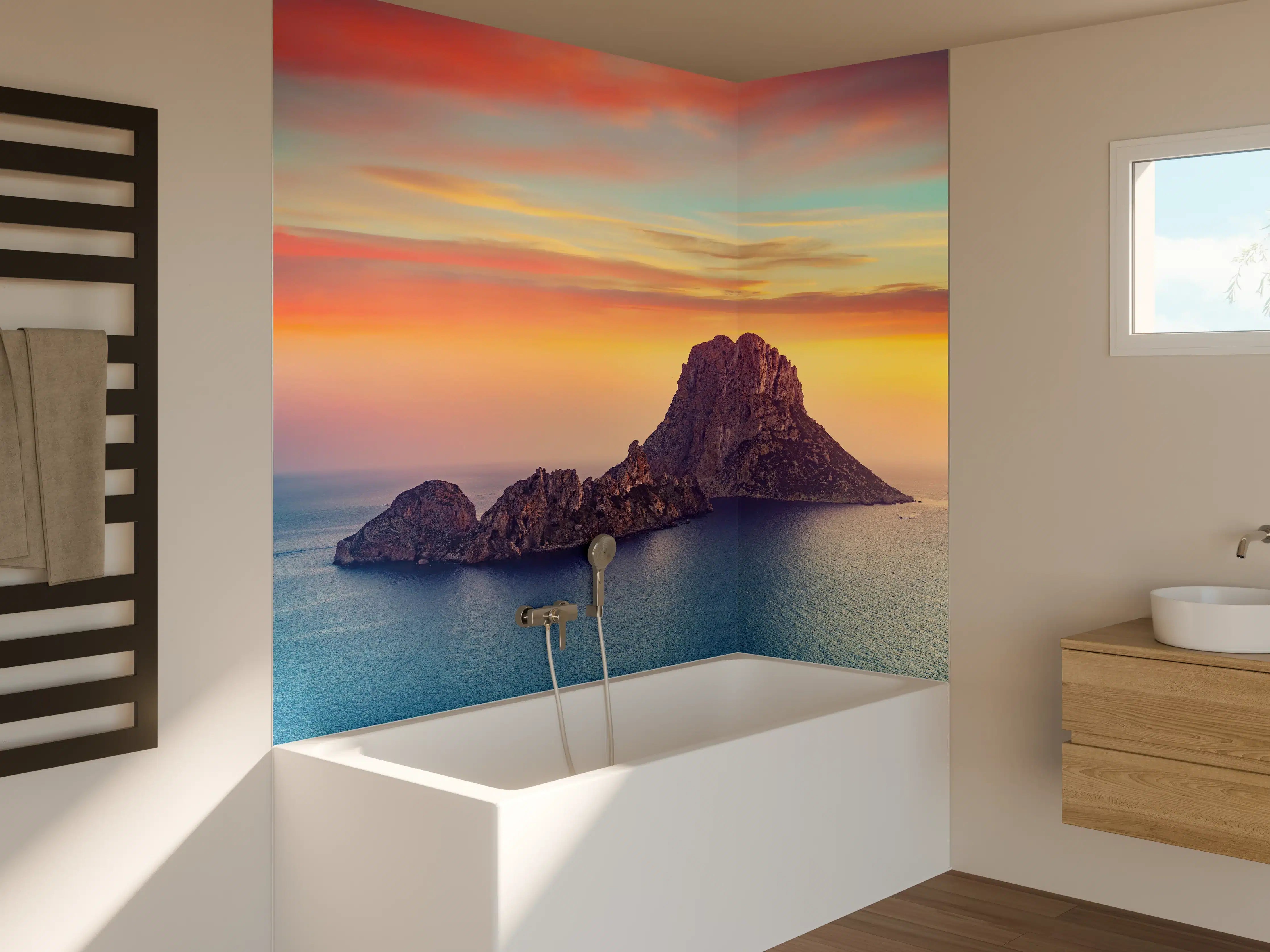 Badewannen-Rückwand - Sonnenuntergang auf der Insel Es Vedra auf den Balearen
