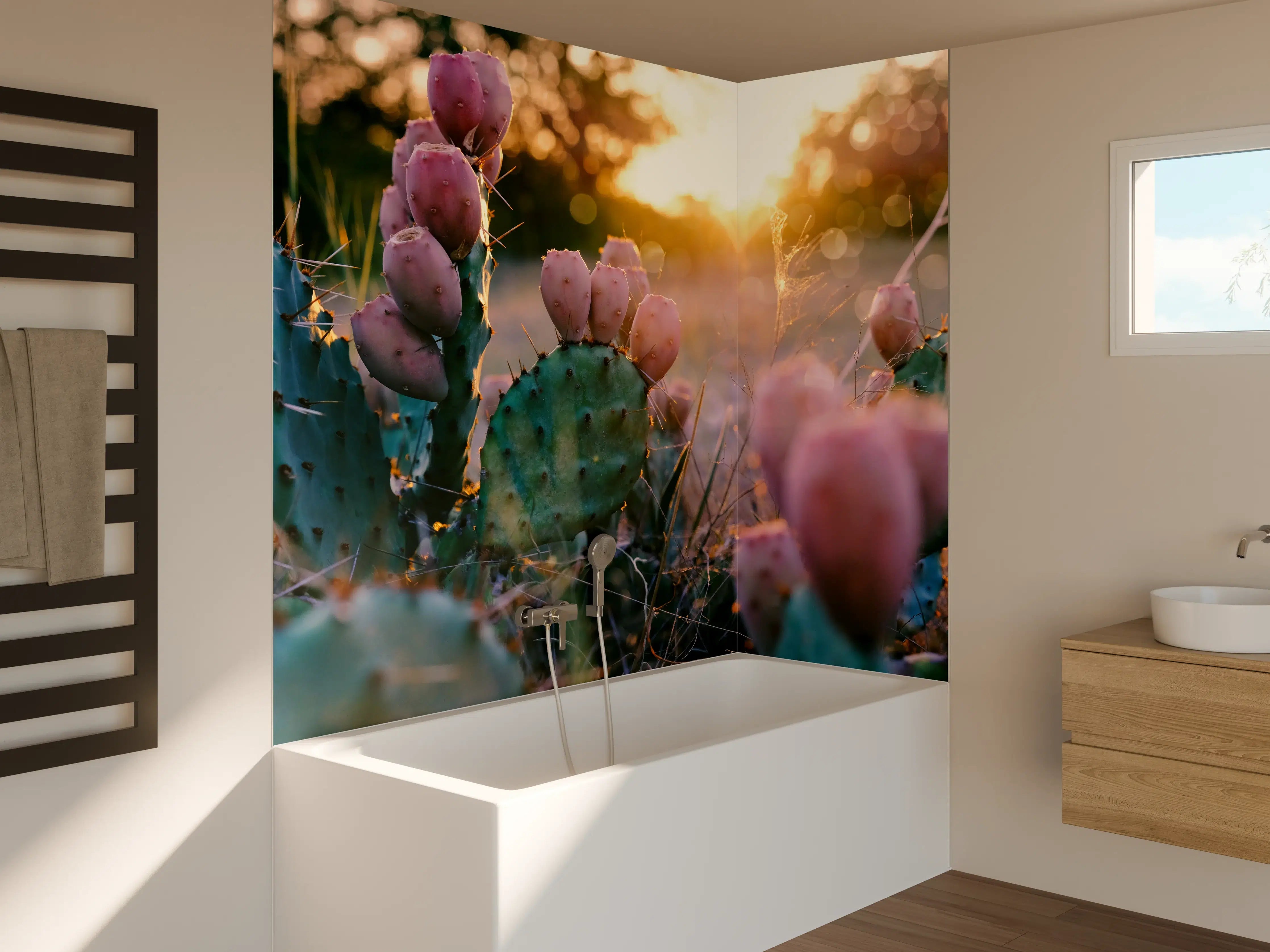 Badewannen-Rückwand - Sonnenuntergang über Kakteen im Wüstenland