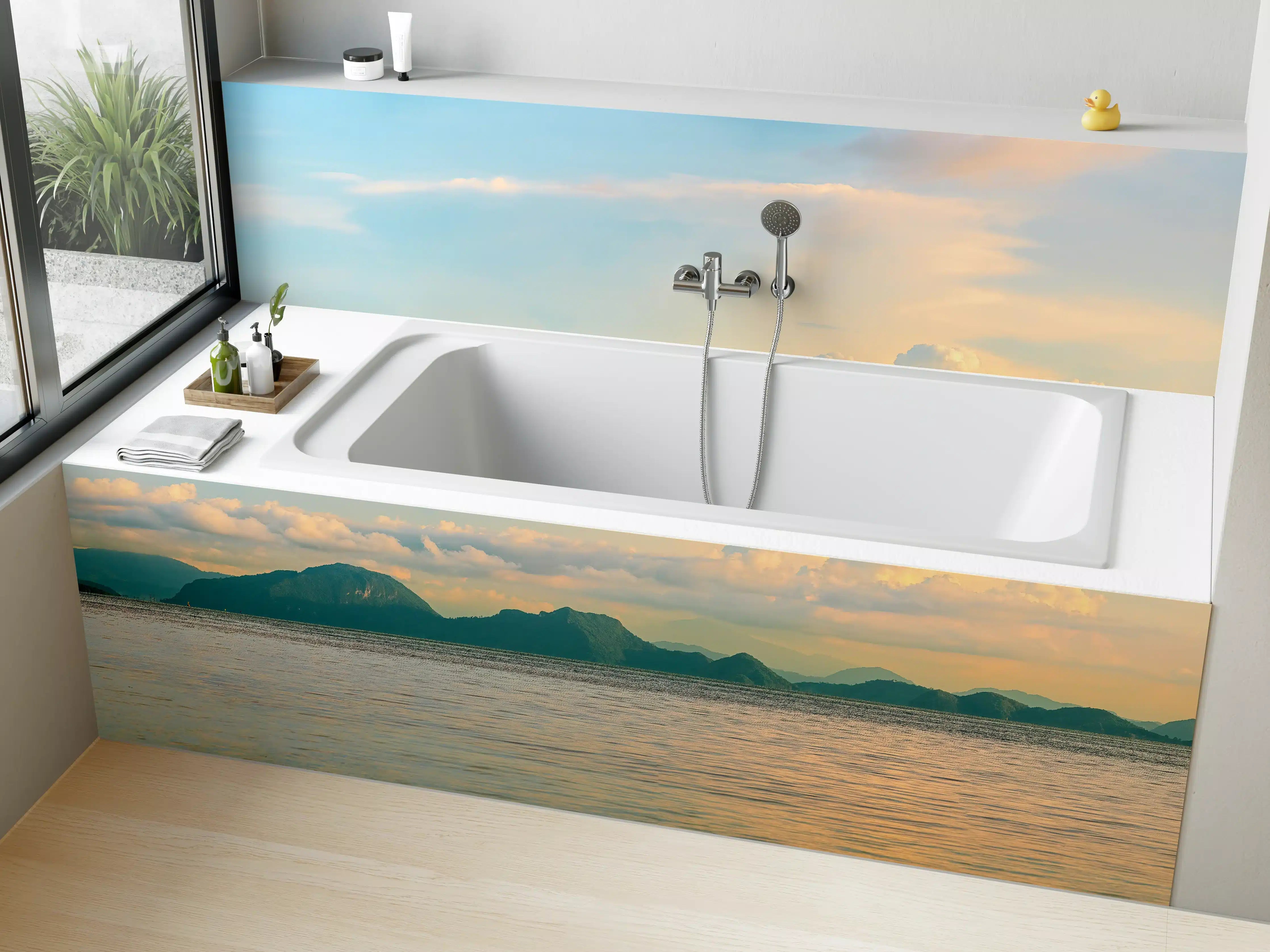 Badewannen-Rückwand - Sonnenuntergang über dem Meer mit Bergen