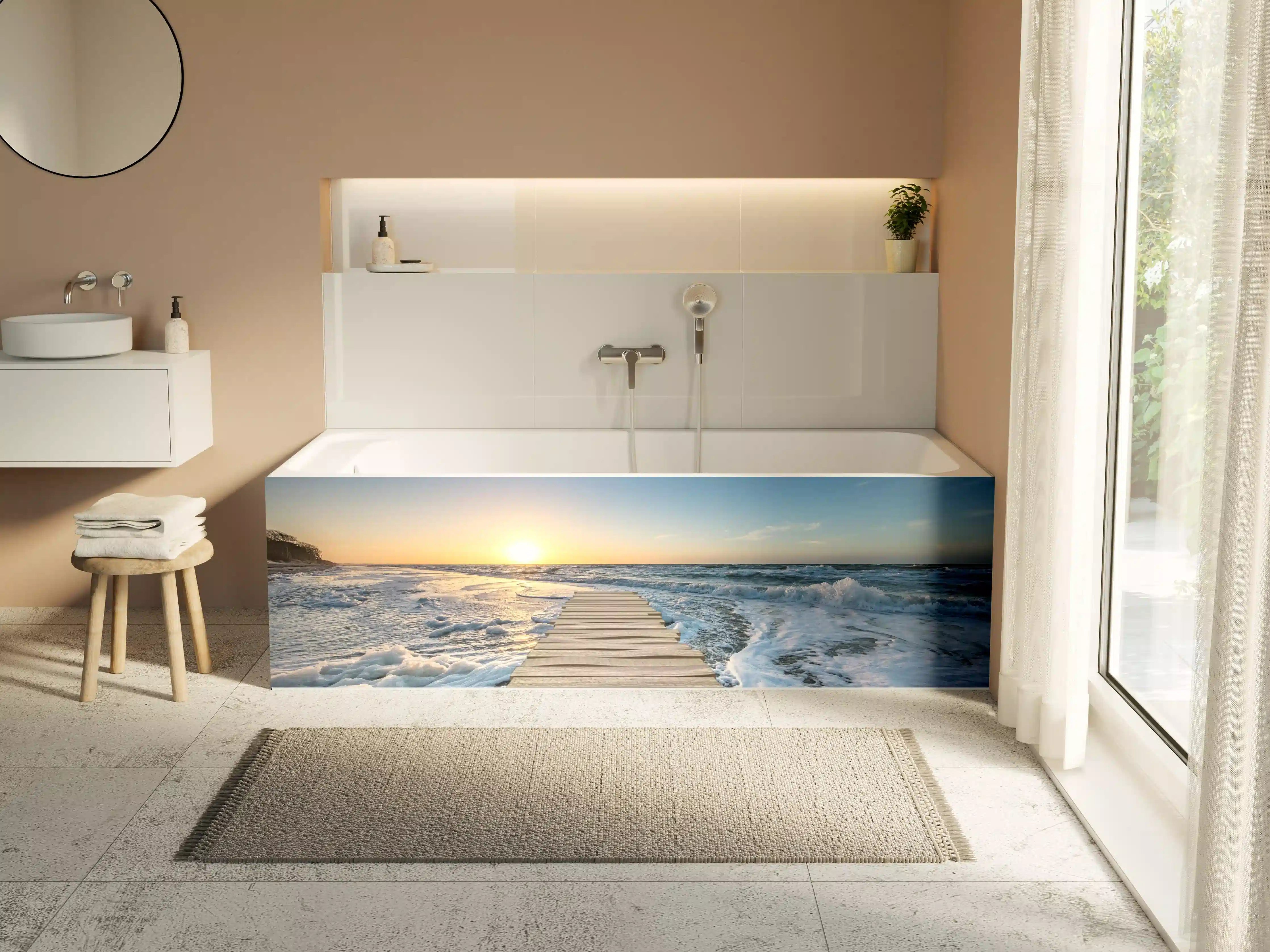 Badewannen-Rückwand - Sonnenuntergang über dem Meer mit Holzsteg