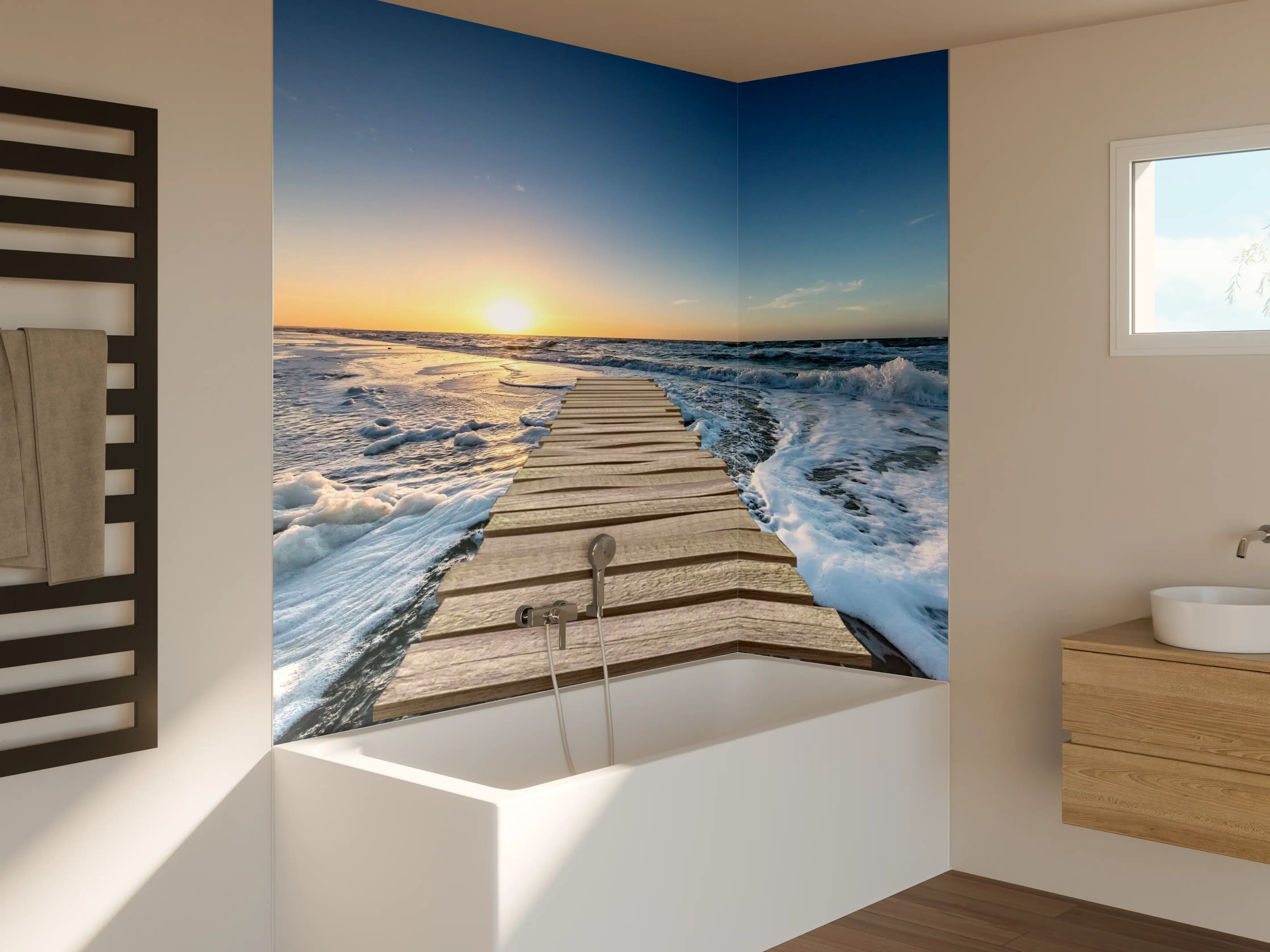 Badewannen-Rückwand - Sonnenuntergang über dem Meer mit Holzsteg