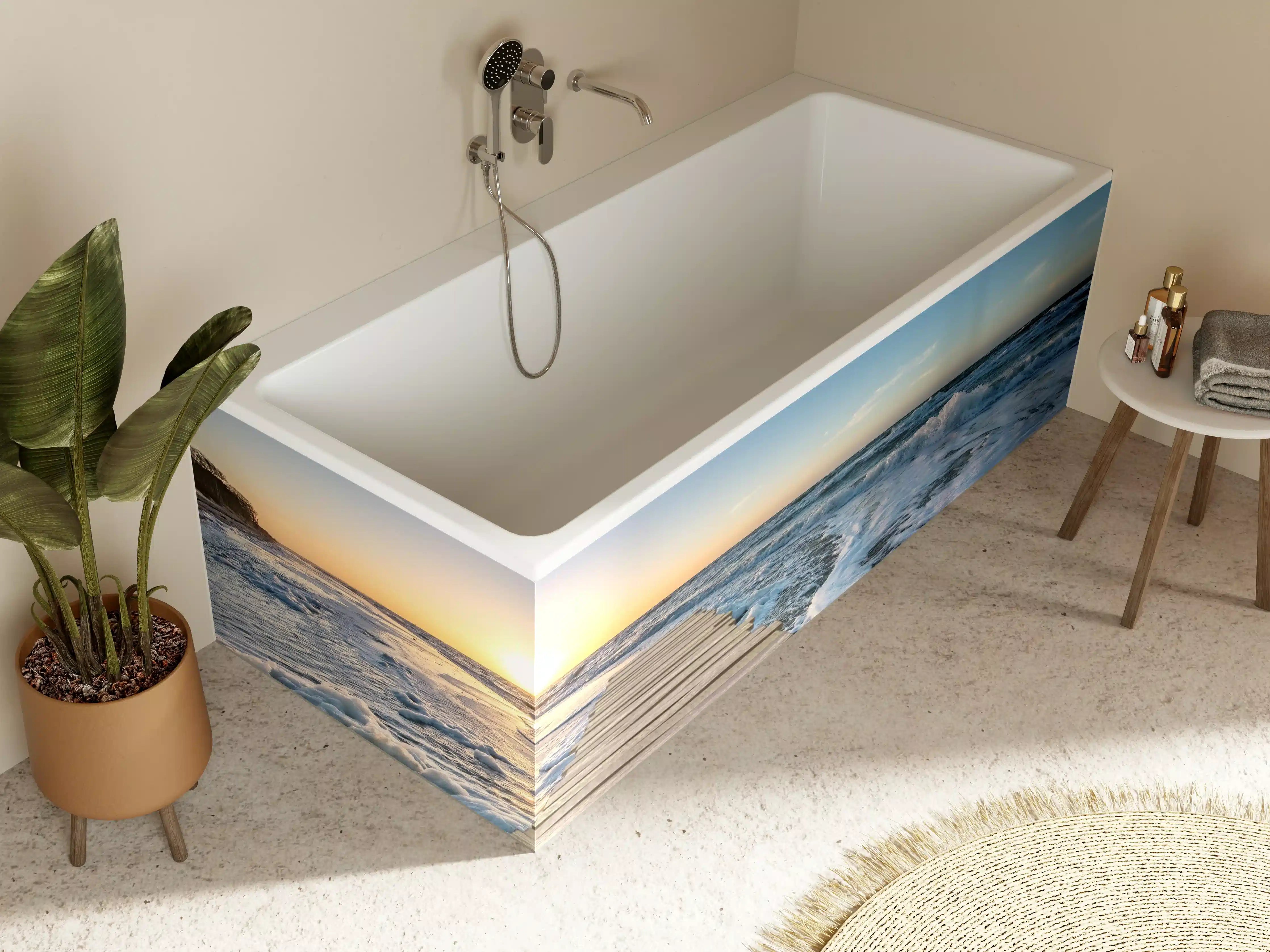 Badewannen-Rückwand - Sonnenuntergang über dem Meer mit Holzsteg