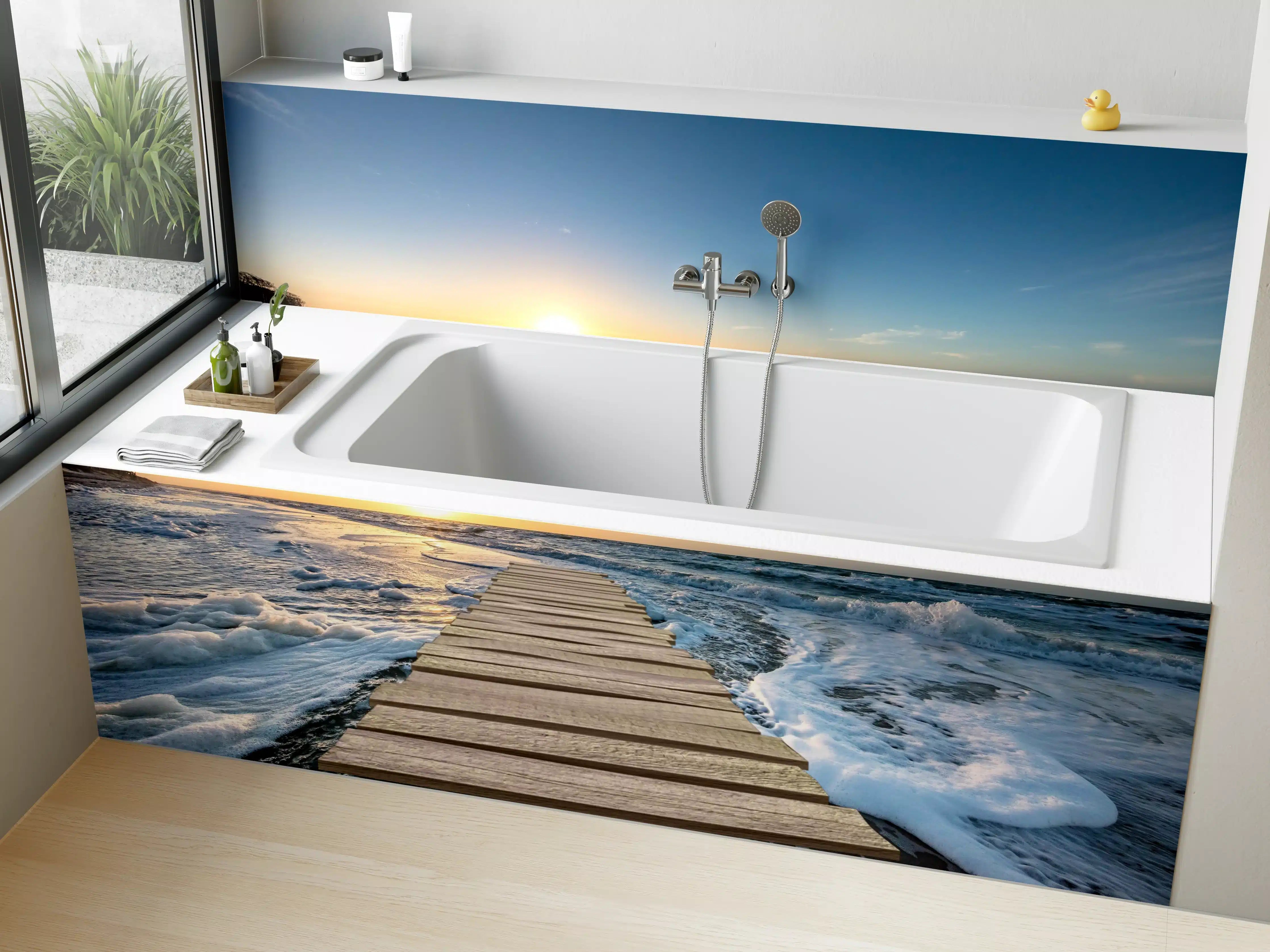 Badewannen-Rückwand - Sonnenuntergang über dem Meer mit Holzsteg