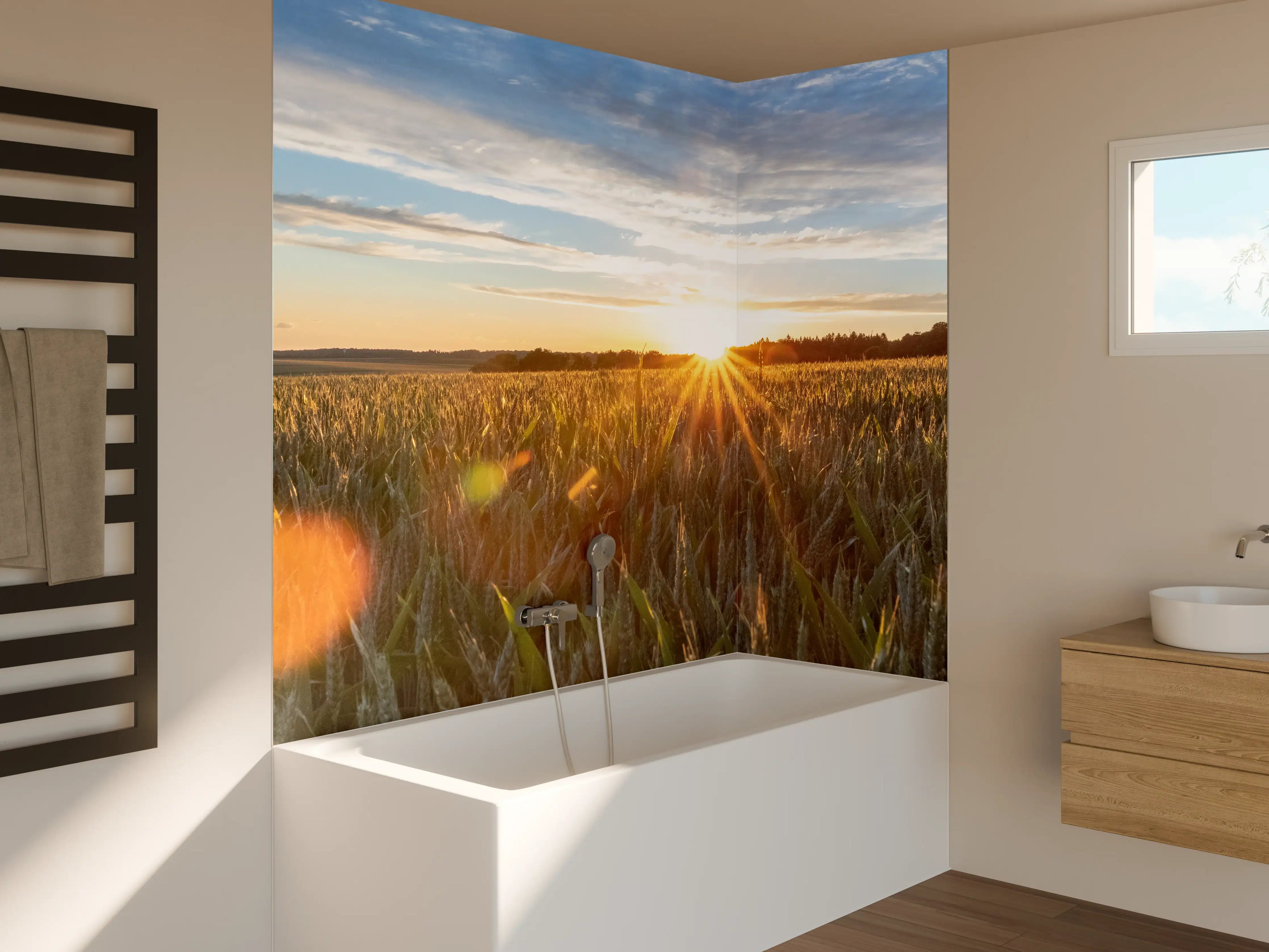 Badewannen-Rückwand - Sonnenuntergang über einem Kornfeld