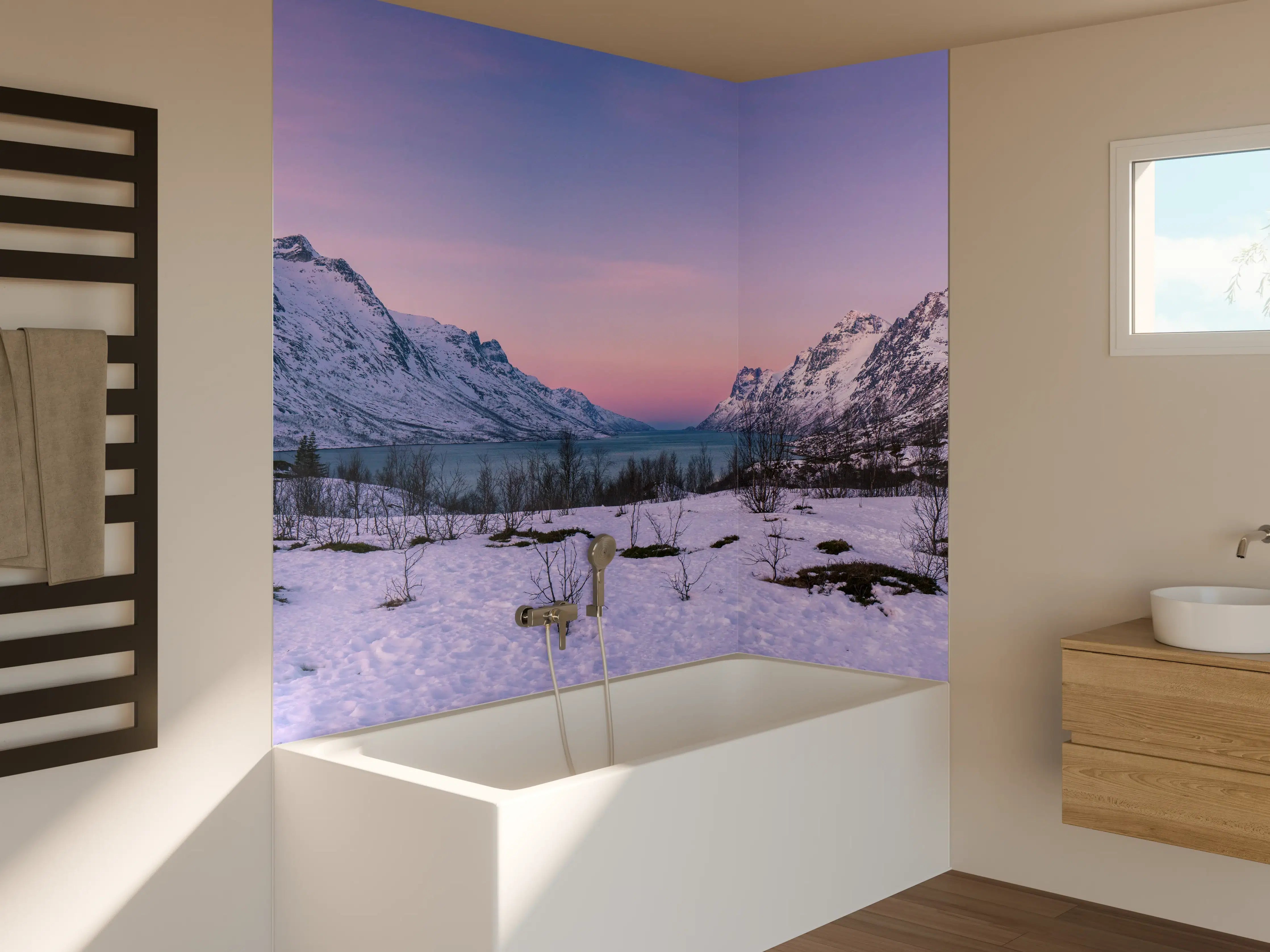 Badewannen-Rückwand - Sonnenuntergang über verschneiten Bergen