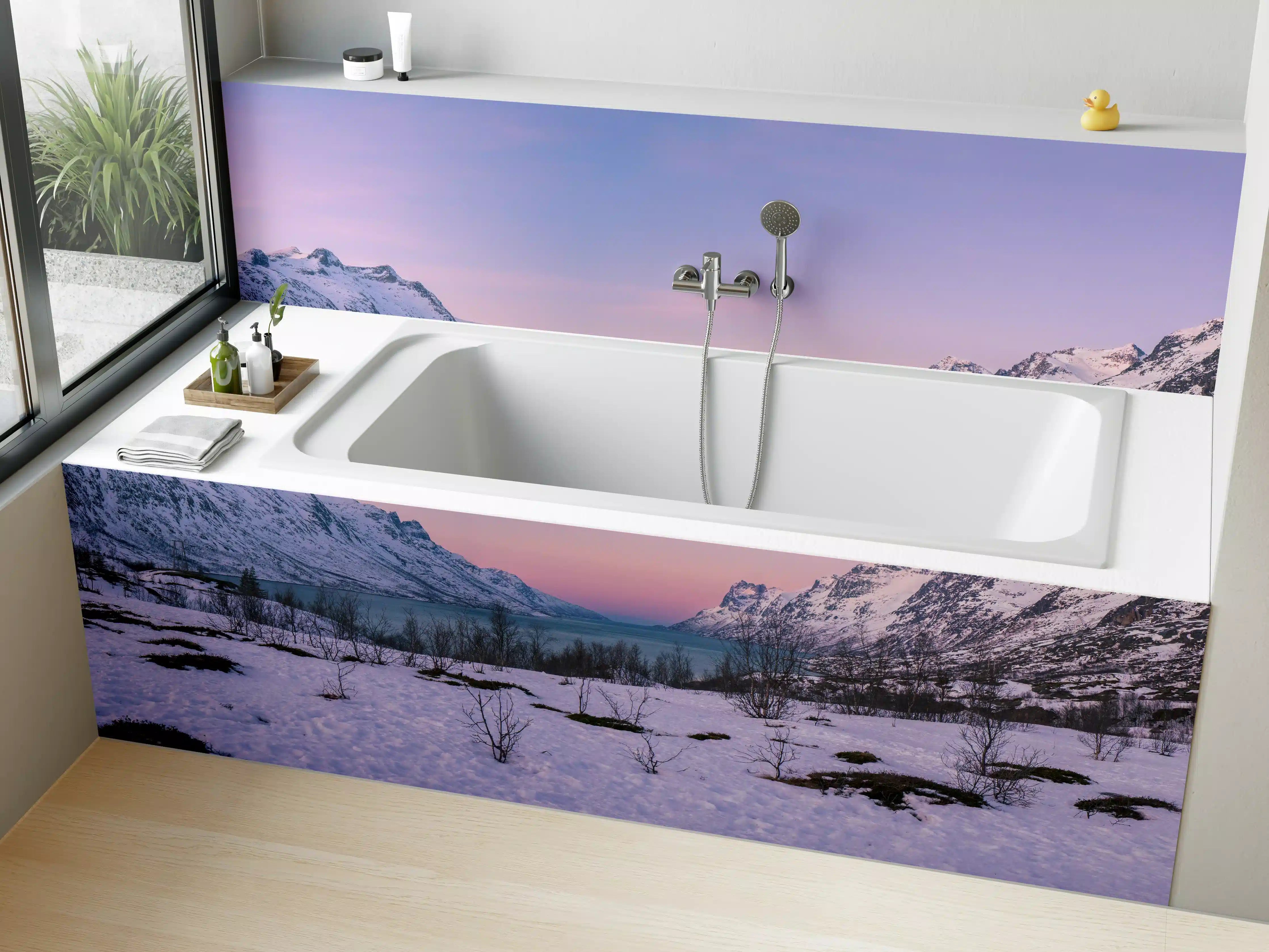 Badewannen-Rückwand - Sonnenuntergang über verschneiten Bergen