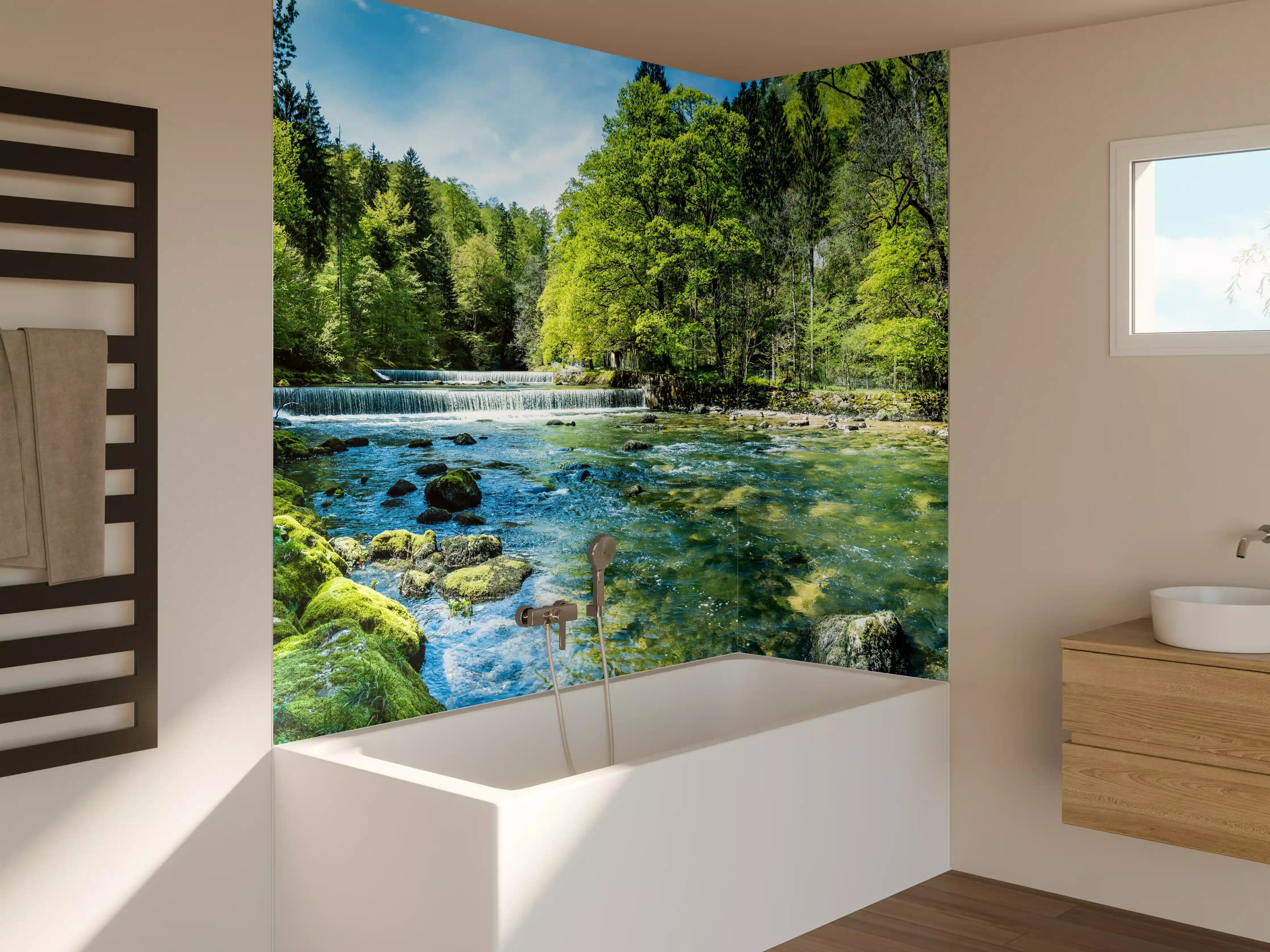 Badewannen-Rückwand - Sonnige Flusslandschaft in der Schweiz