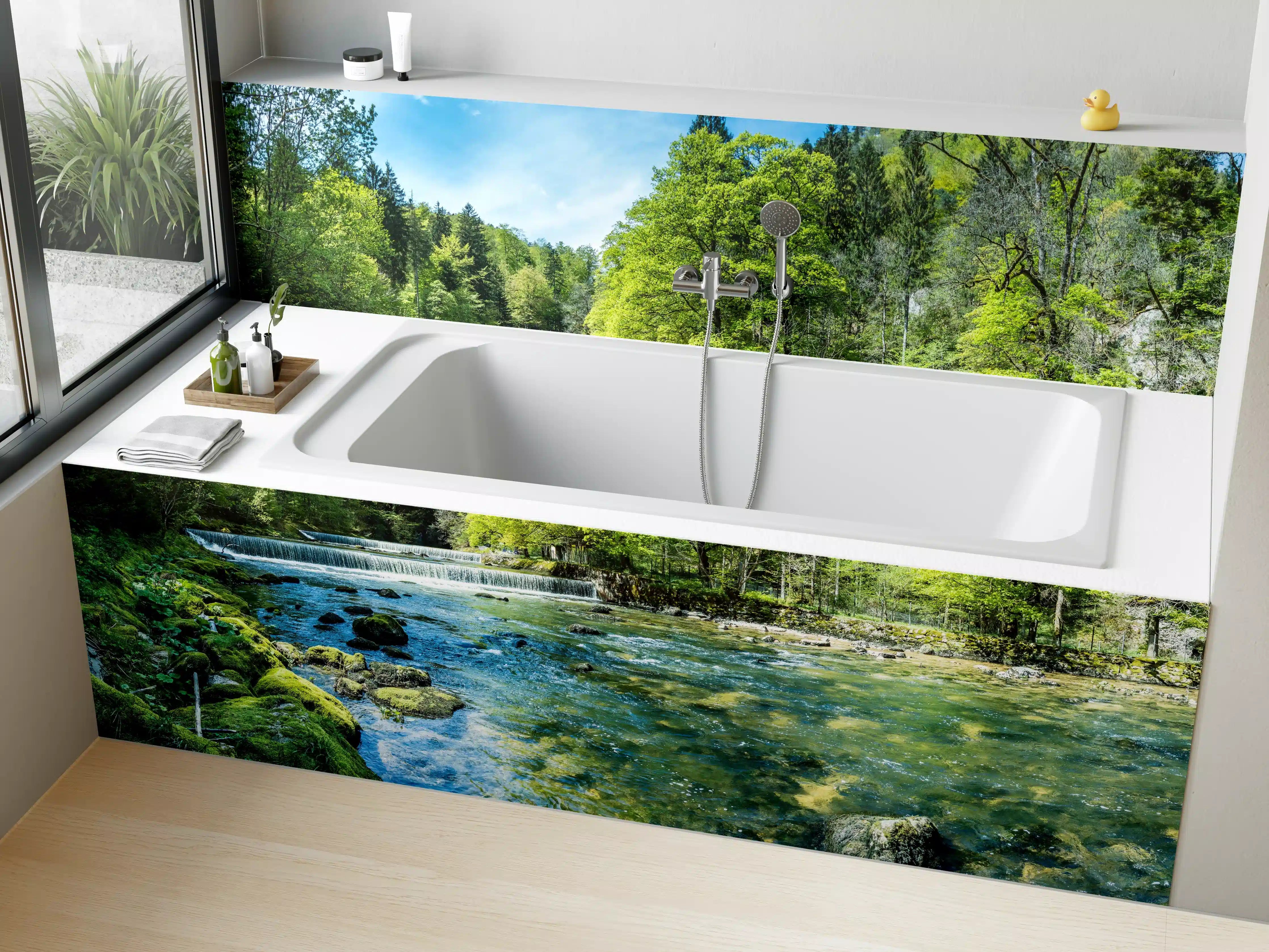Badewannen-Rückwand - Sonnige Flusslandschaft in der Schweiz