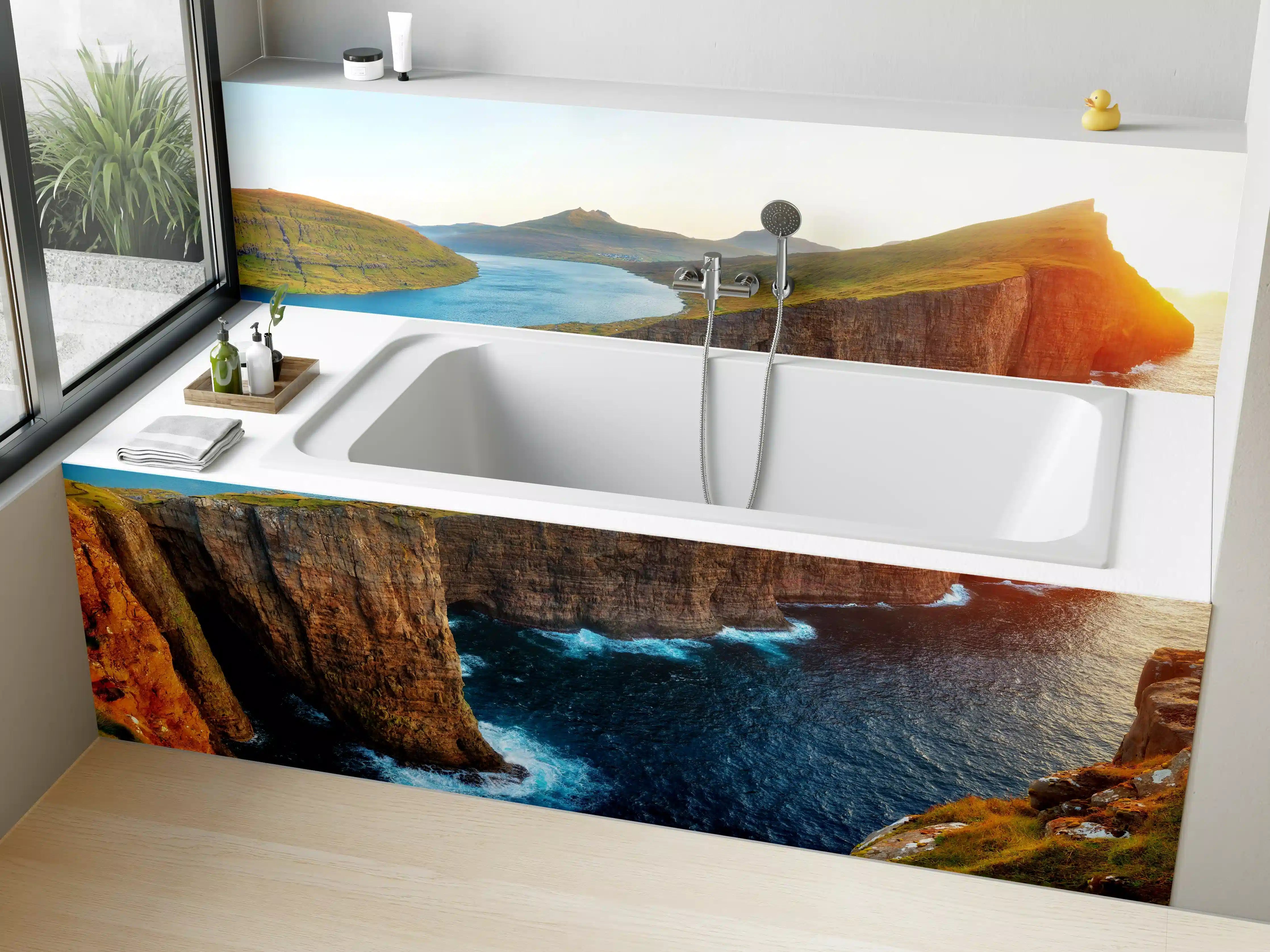 Badewannen-Rückwand - Sorvagsvatn See und mit Wasserfall ins Meer an der Färöer