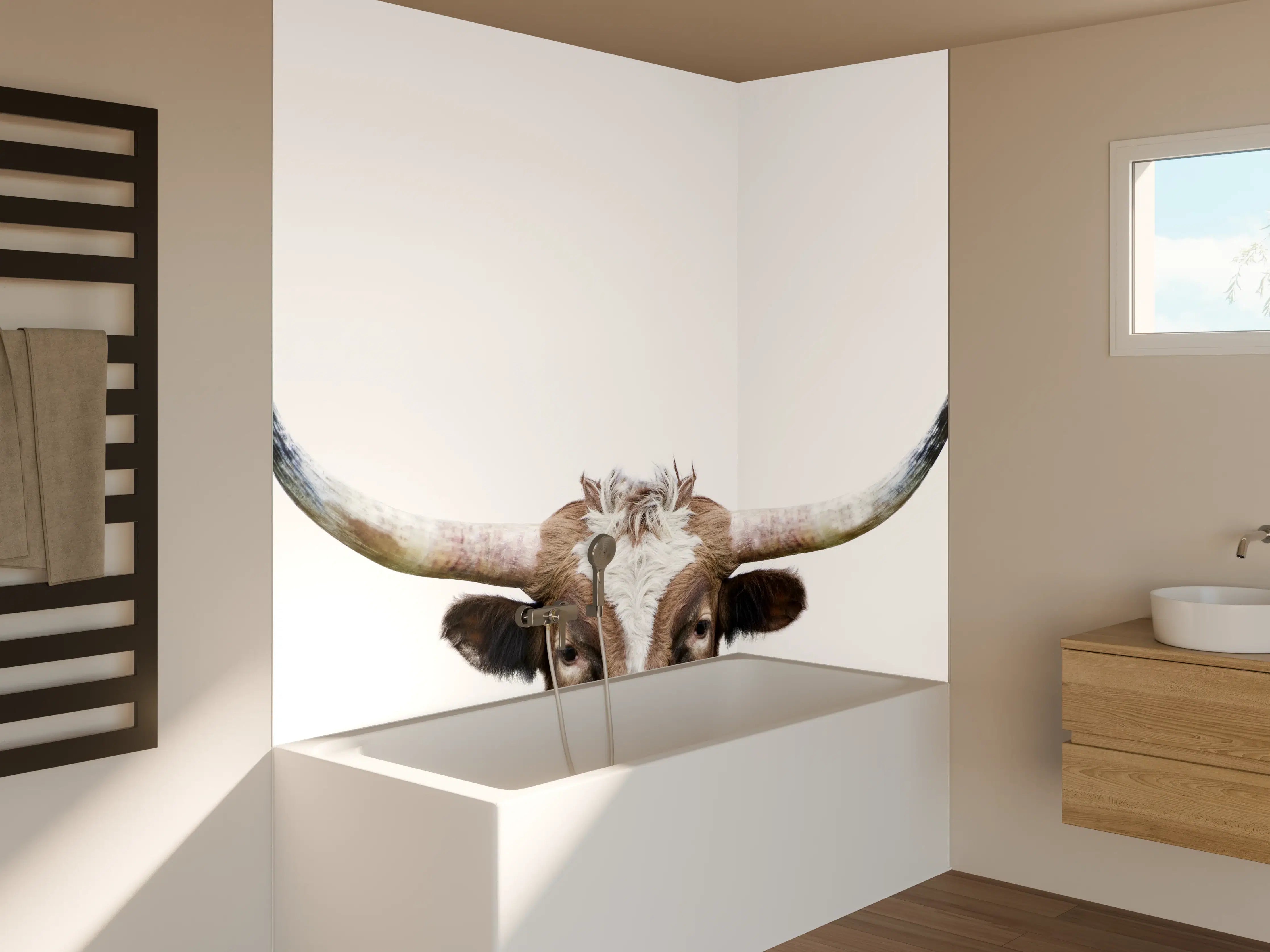 Badewannen-Rückwand - Spähende Longhorn-Kuh