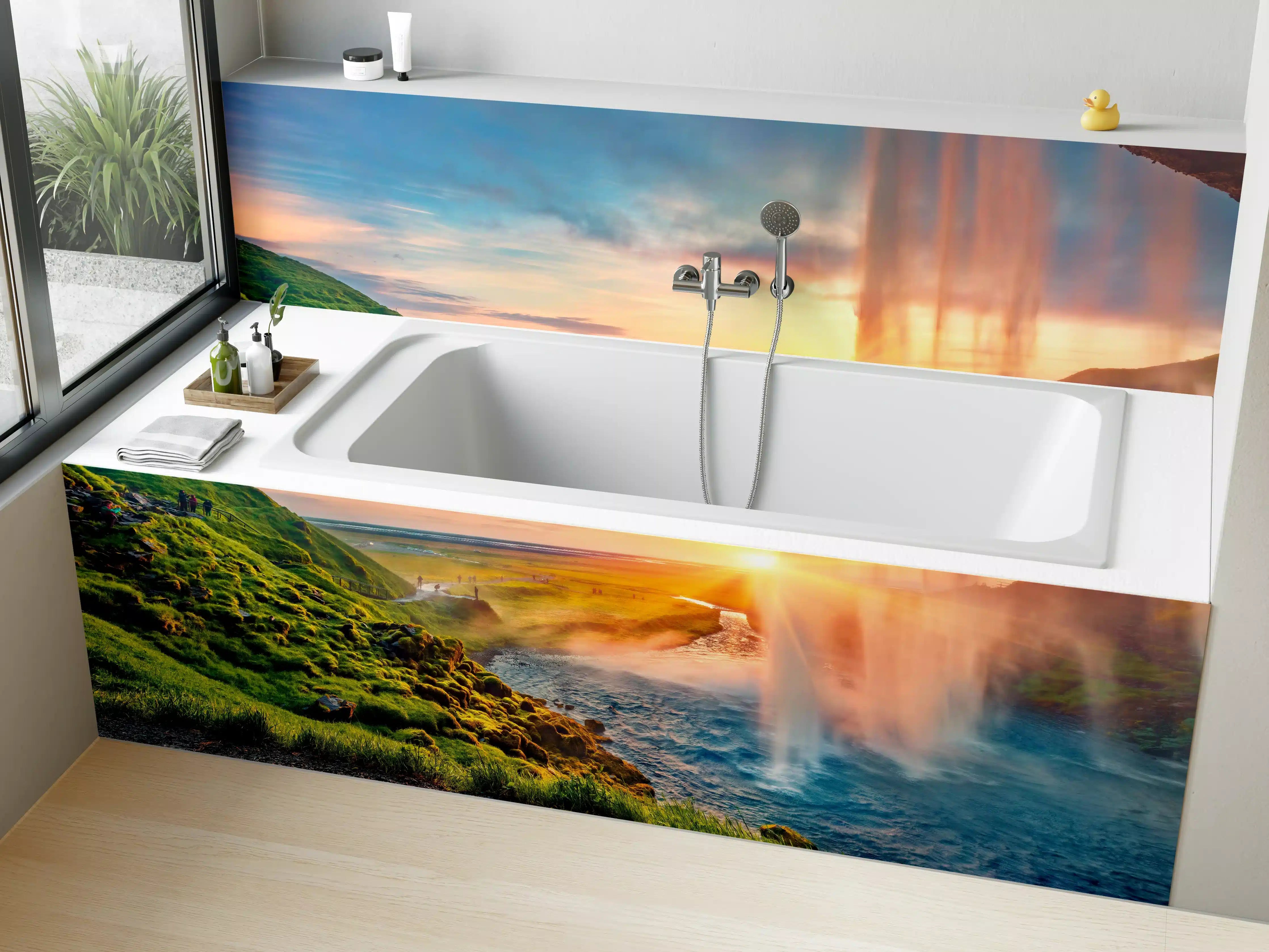 Badewannen-Rückwand - Spektakulärer Sonnenuntergang am Wasserfall Seljalandsfoss