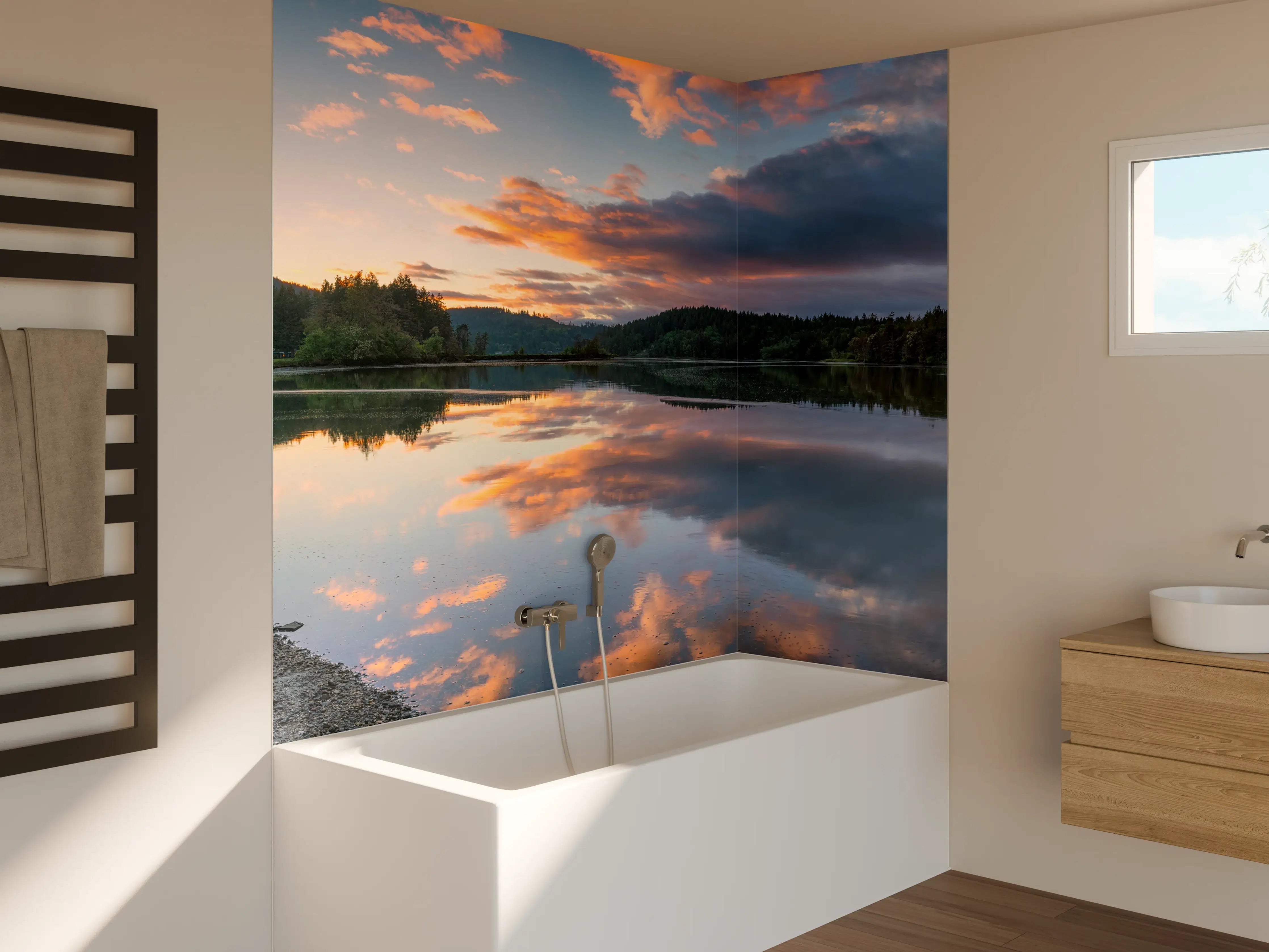 Badewannen-Rückwand - Spiegelnder See im Sonnenuntergang