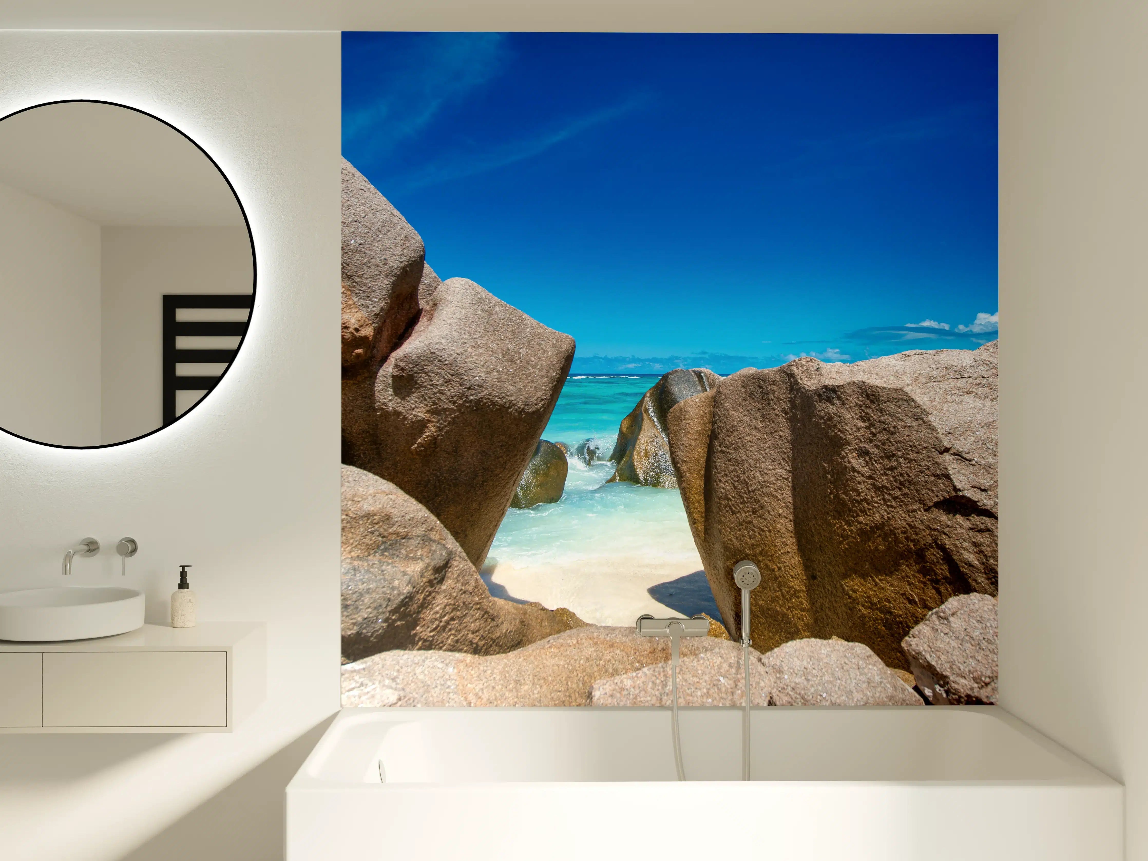 Badewannen-Rückwand - Stein-Panorama auf den Seychellen