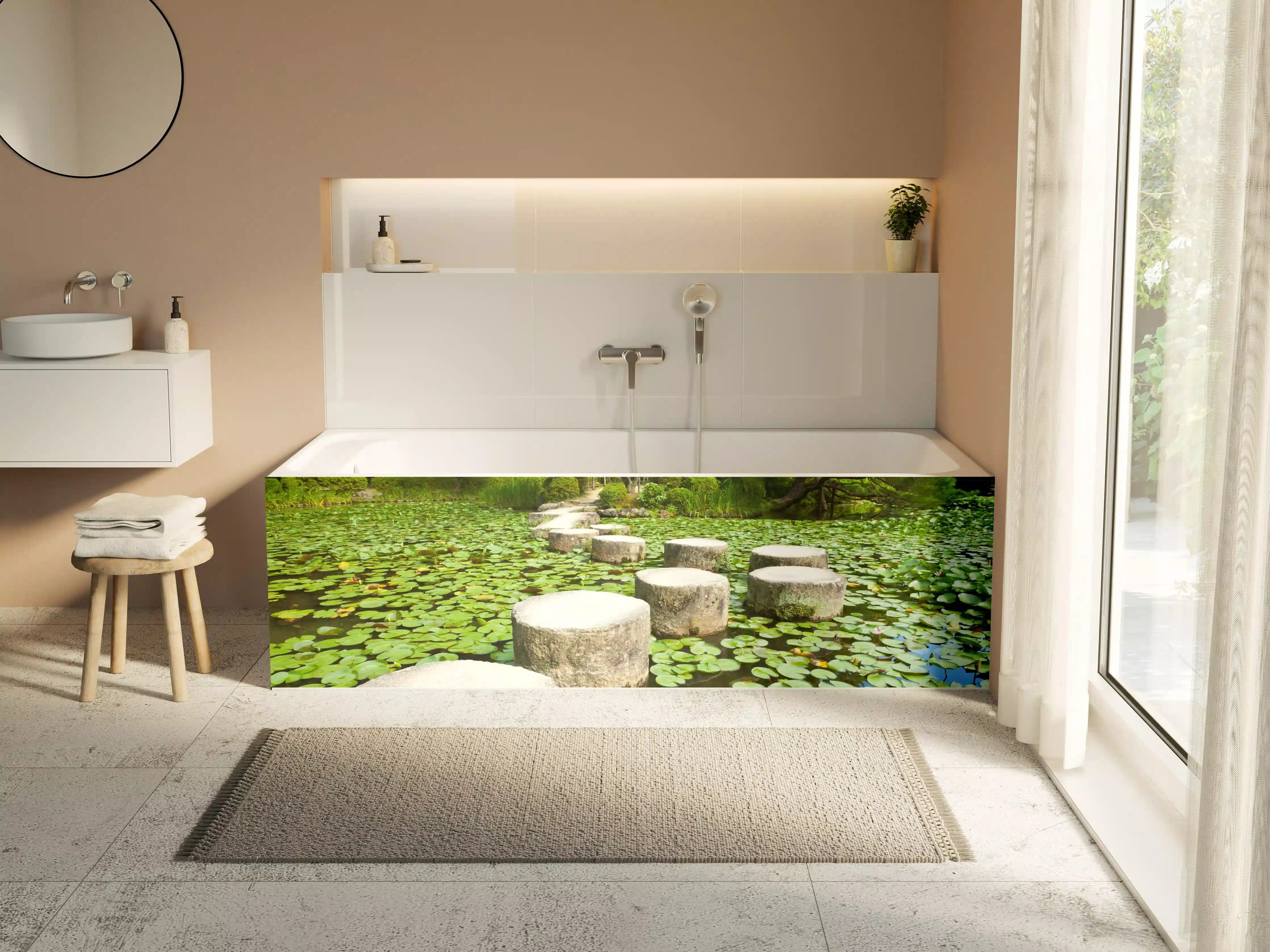 Badewannen-Rückwand - Stein-Zen-Pfad umhüllt von Wasserpflanzen