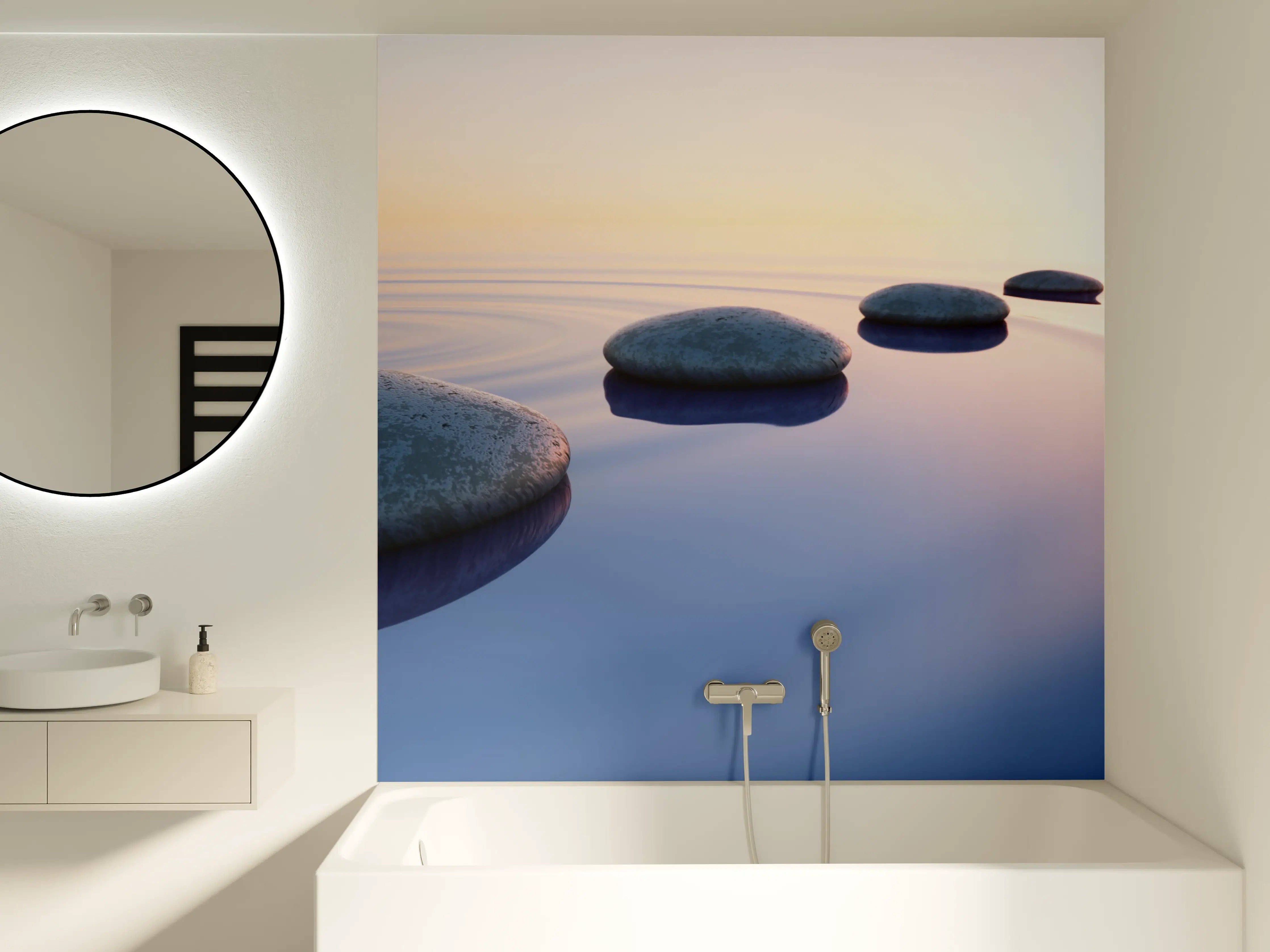 Badewannen-Rückwand - Steine im See bei Sonnenaufgang