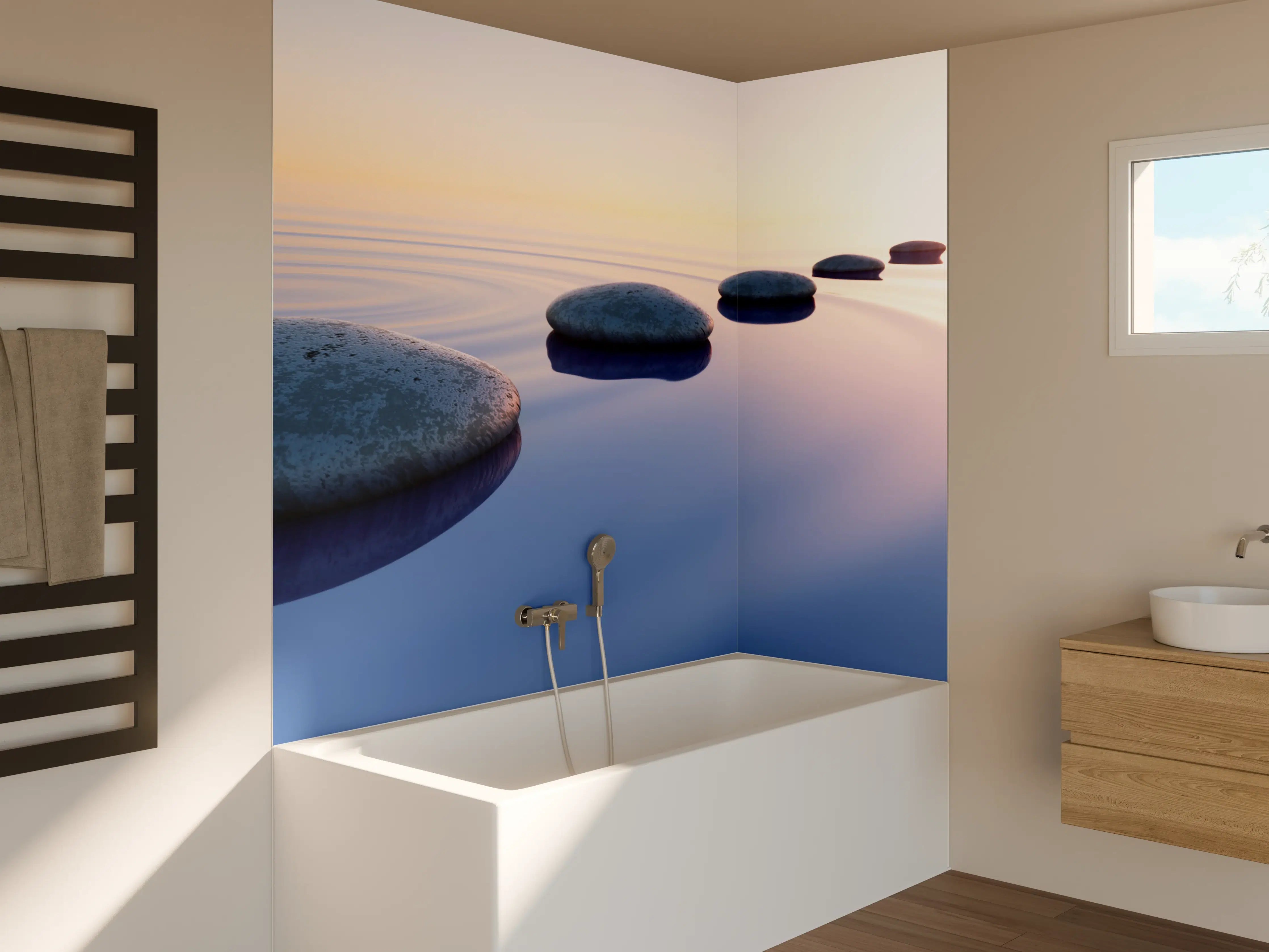 Badewannen-Rückwand - Steine im See bei Sonnenaufgang