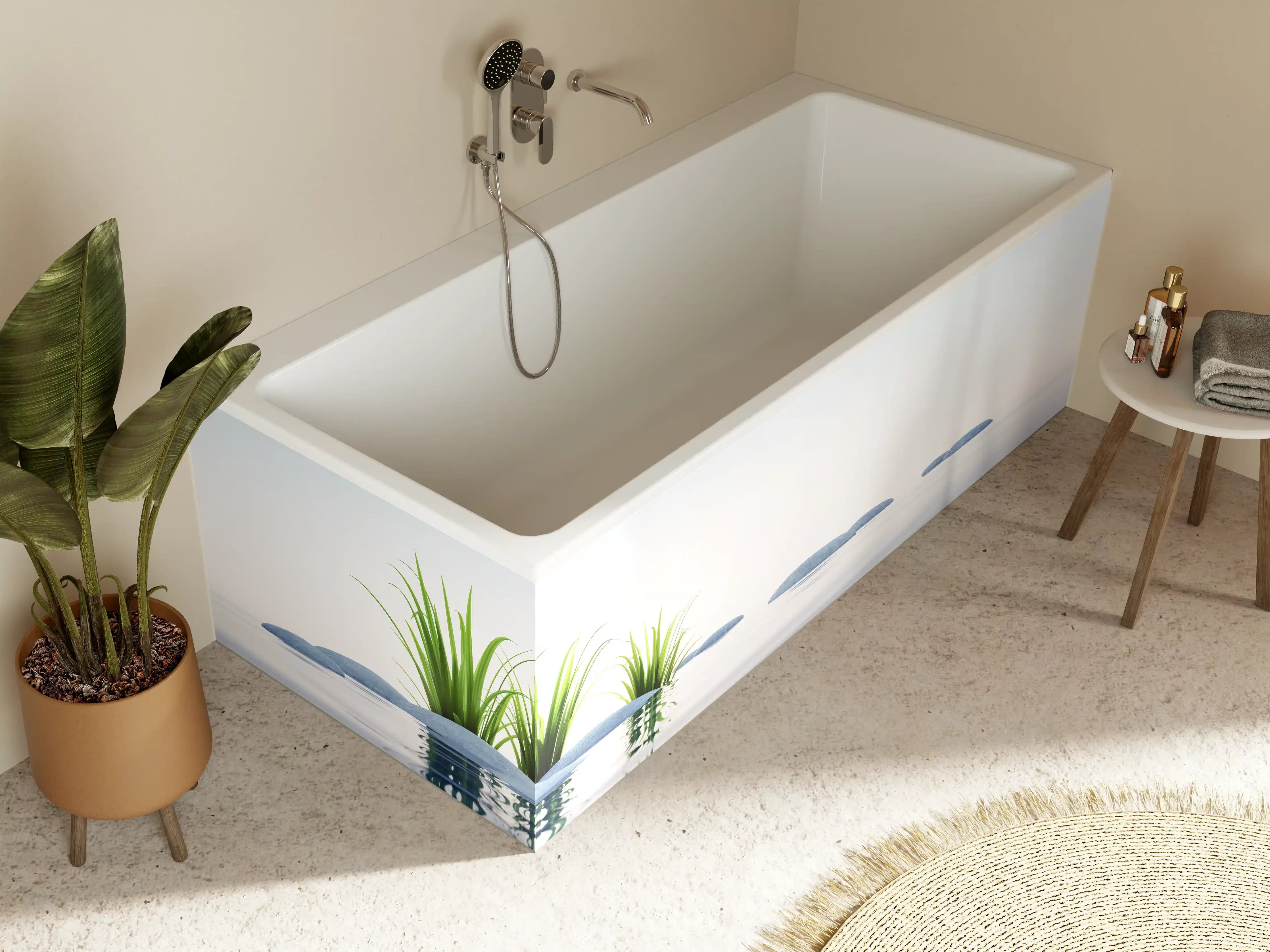 Badewannen-Rückwand - Steine und Gras im See Querformat