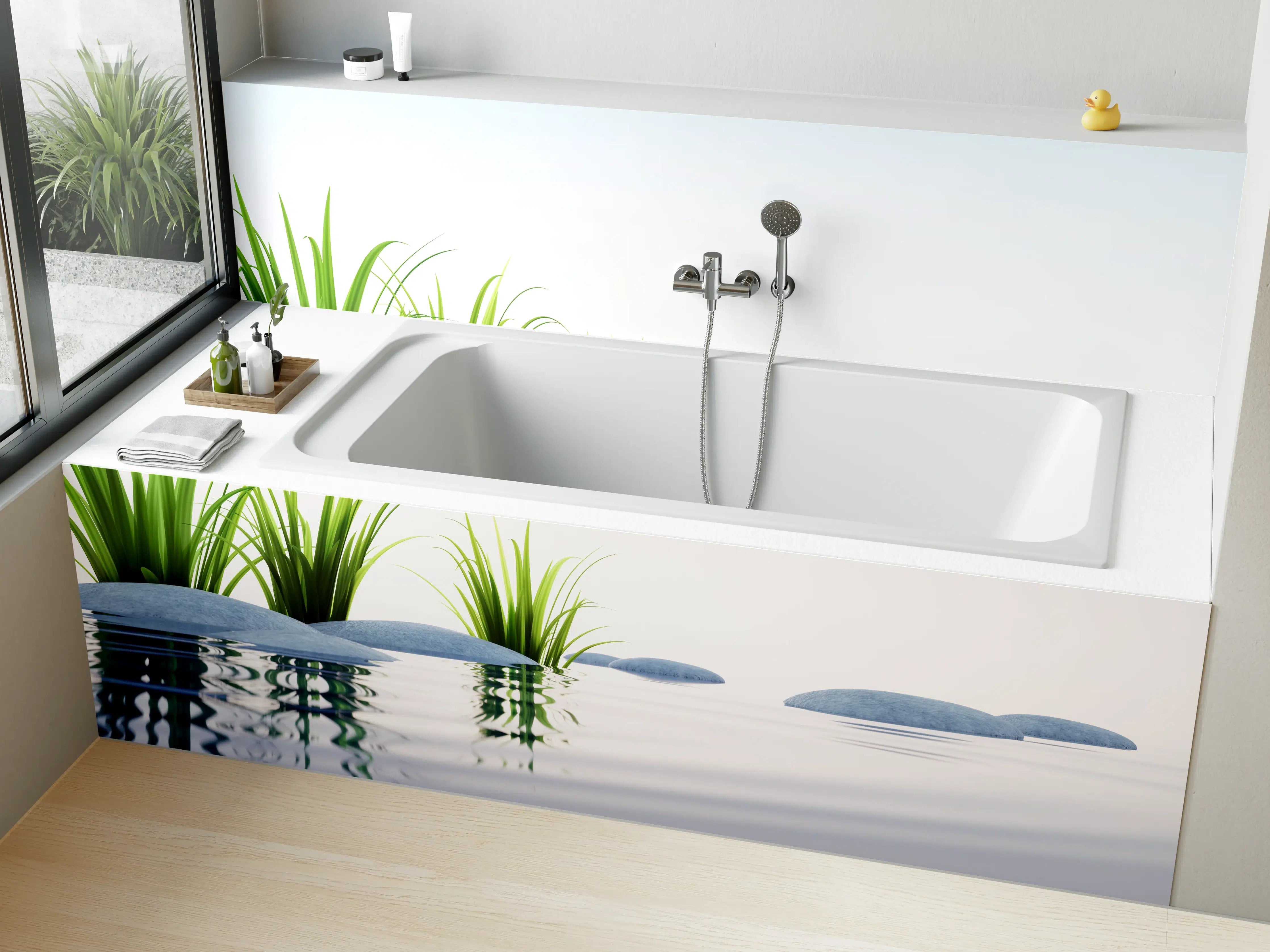 Badewannen-Rückwand - Steine und Gras im See Querformat