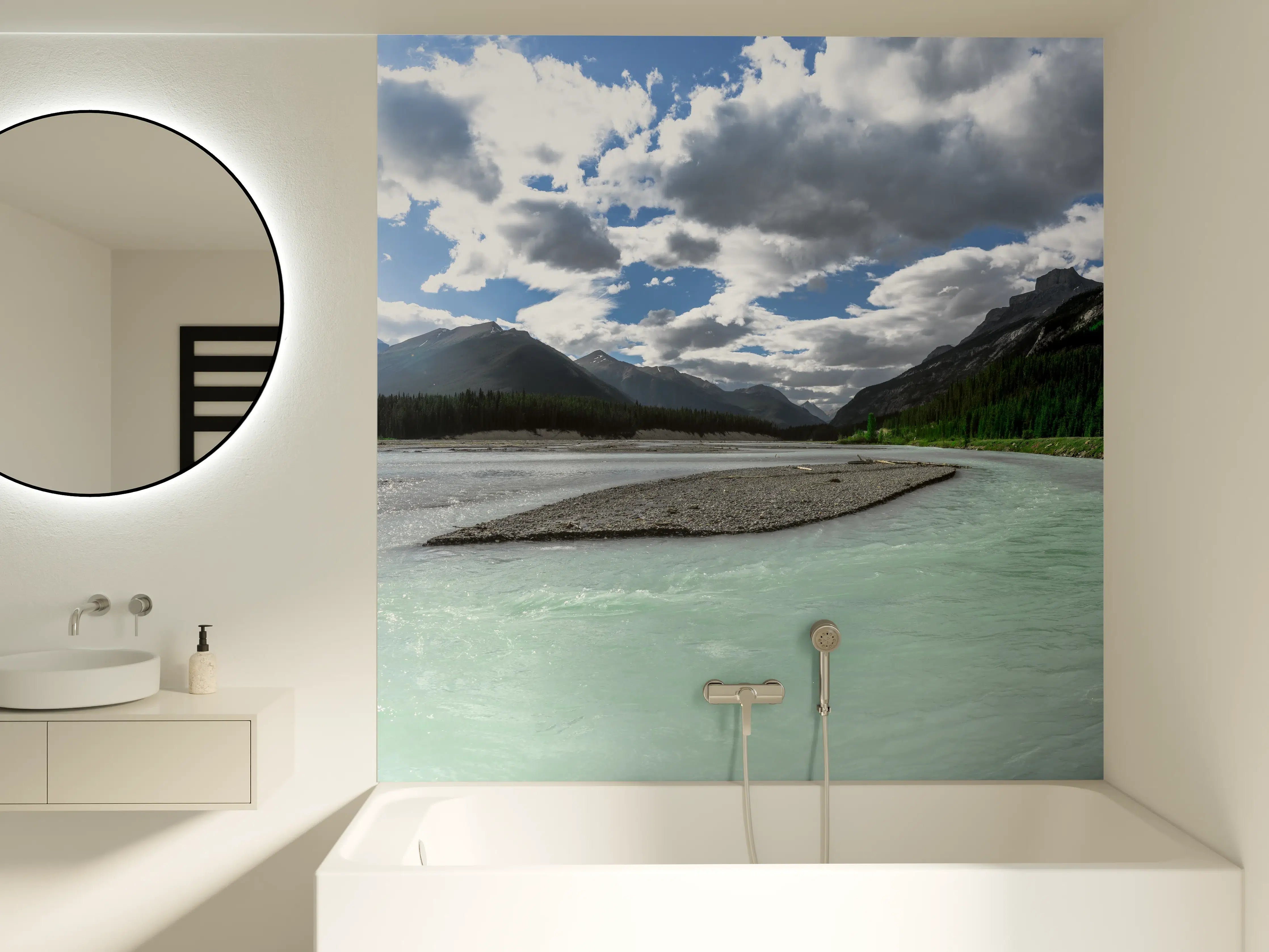 Badewannen-Rückwand - Steinlandschaft auf dem Wasser in Banff