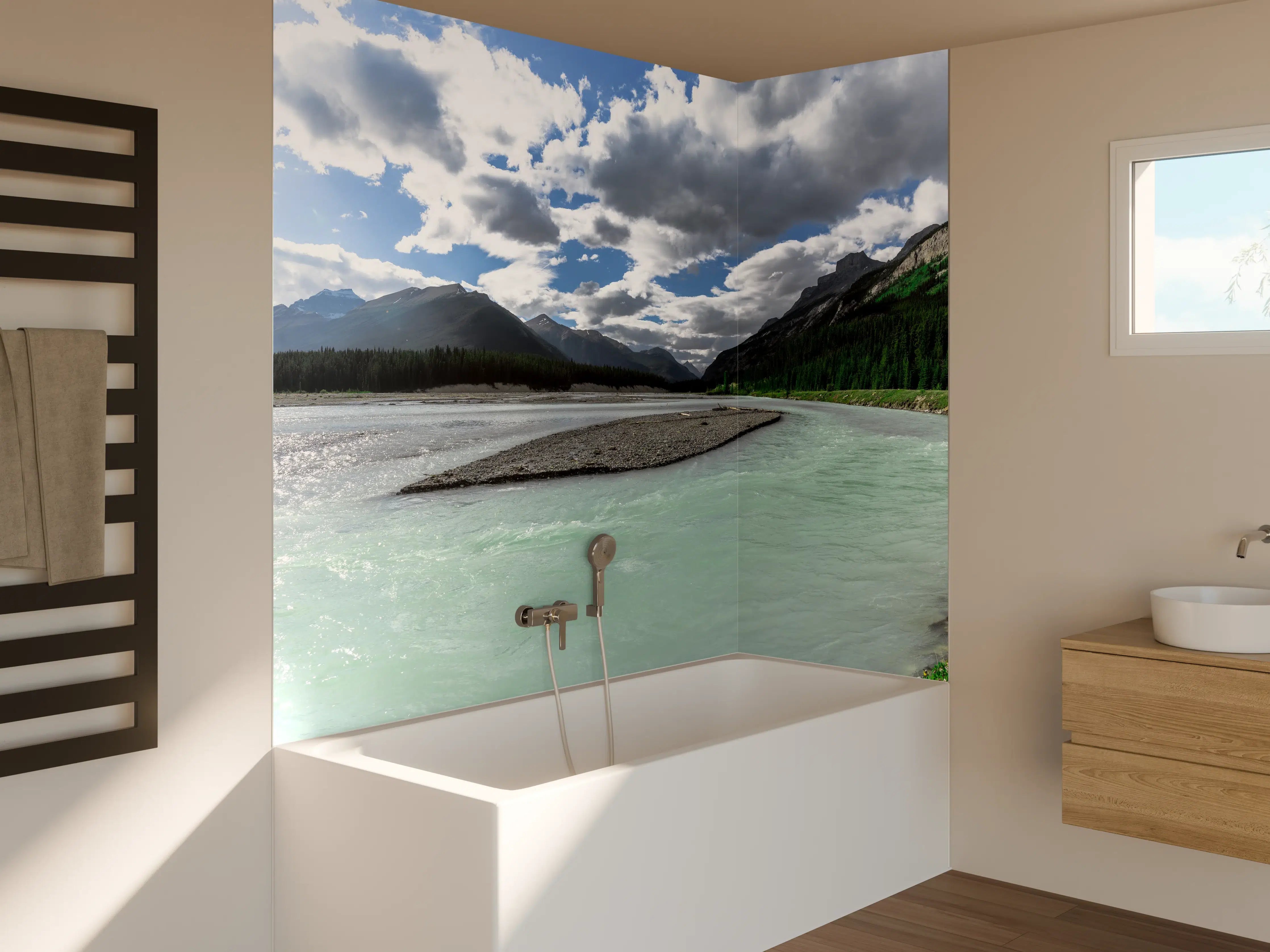 Badewannen-Rückwand - Steinlandschaft auf dem Wasser in Banff