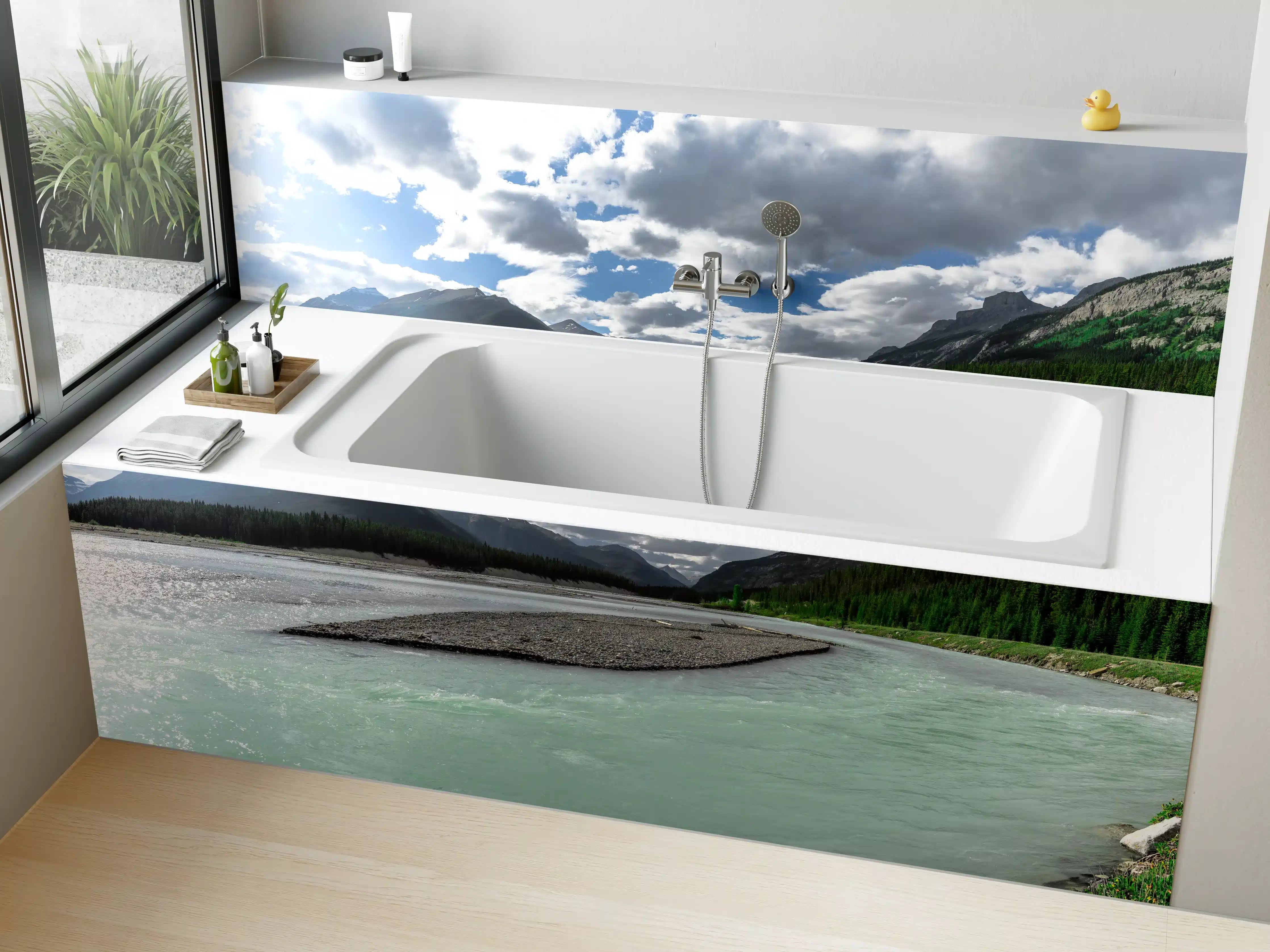 Badewannen-Rückwand - Steinlandschaft auf dem Wasser in Banff
