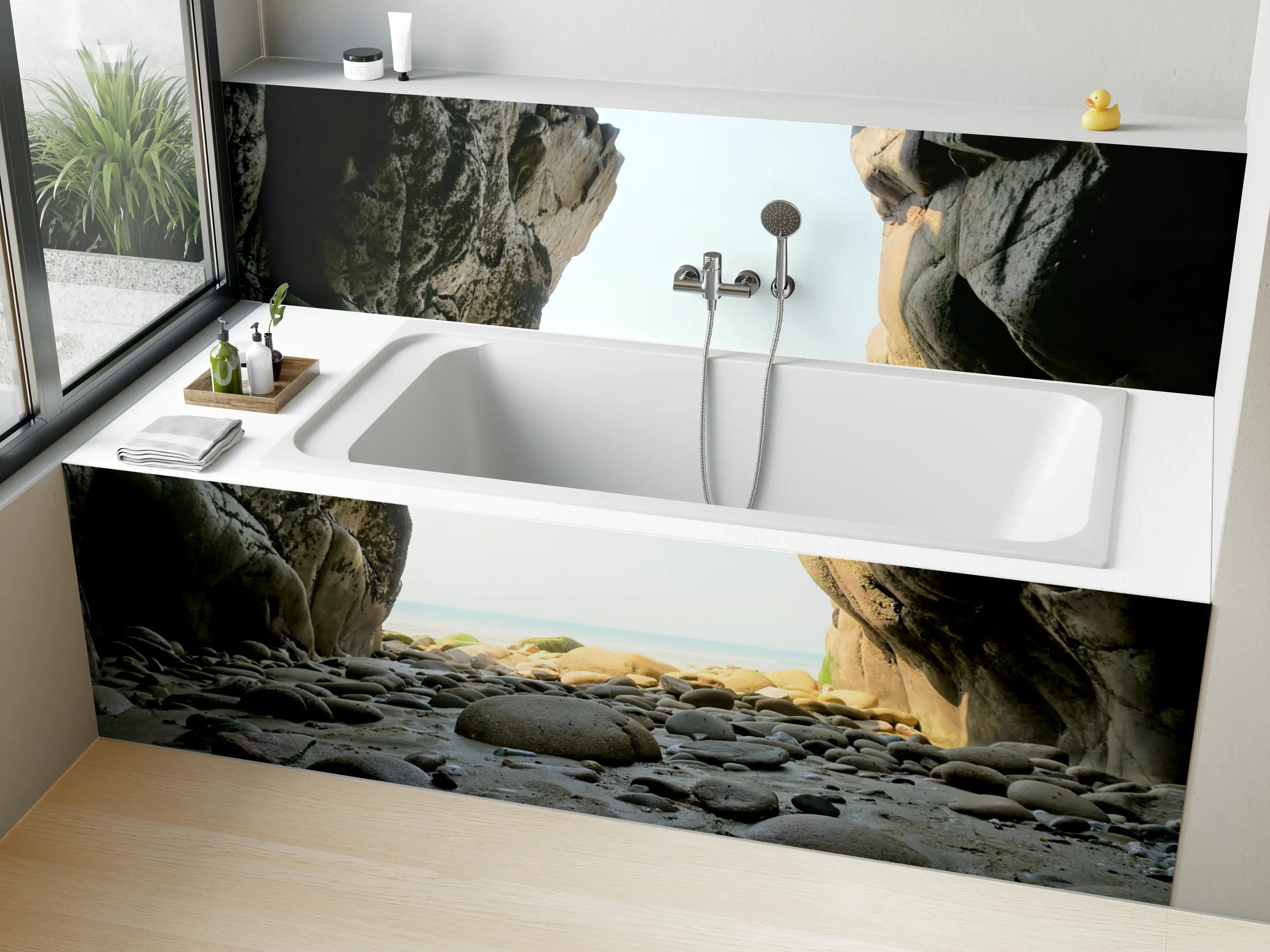 Badewannen-Rückwand - Steinstrand zwischen Felsen an Küste