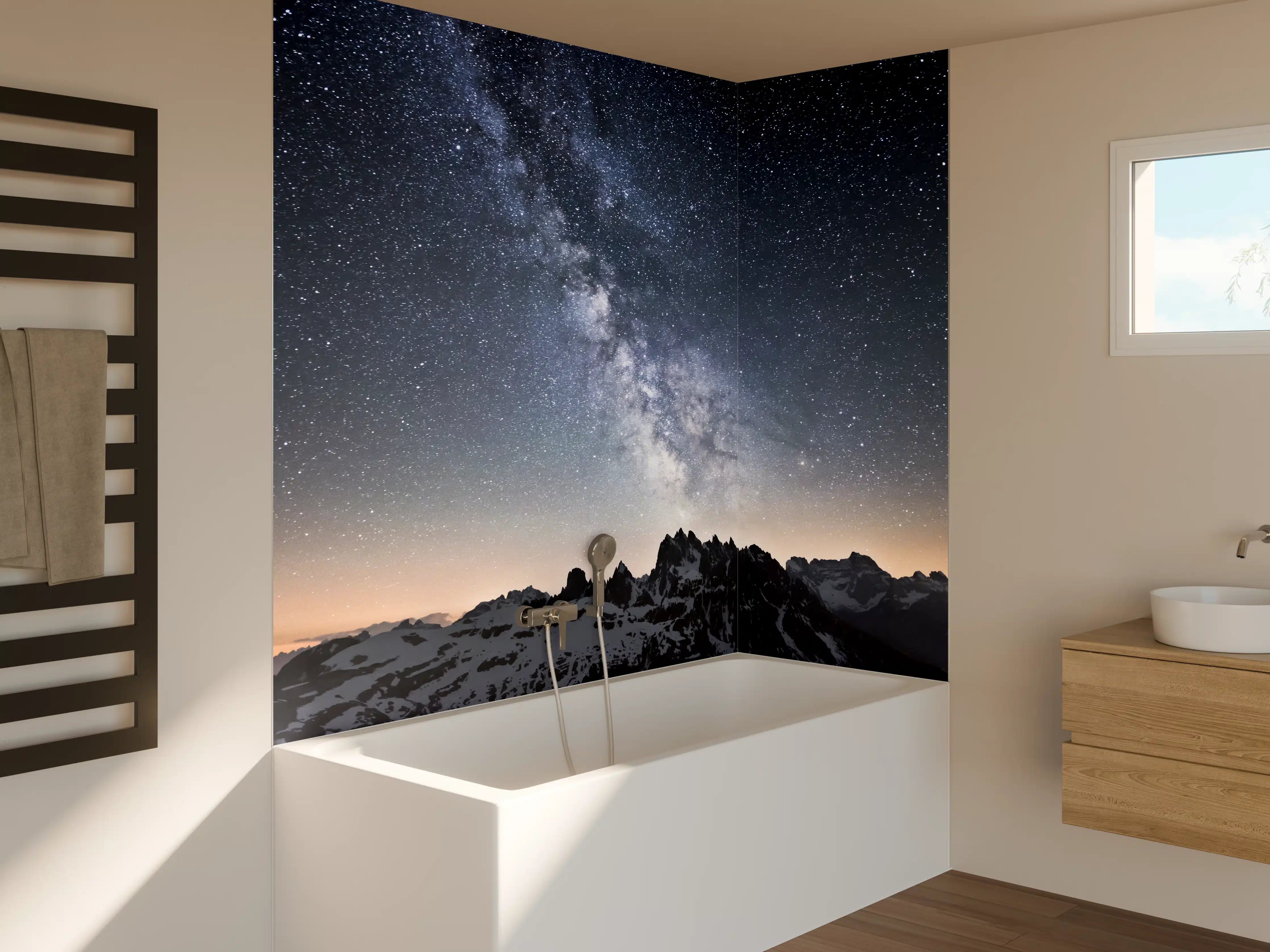 Badewannen-Rückwand - Sterne über Schneebergen