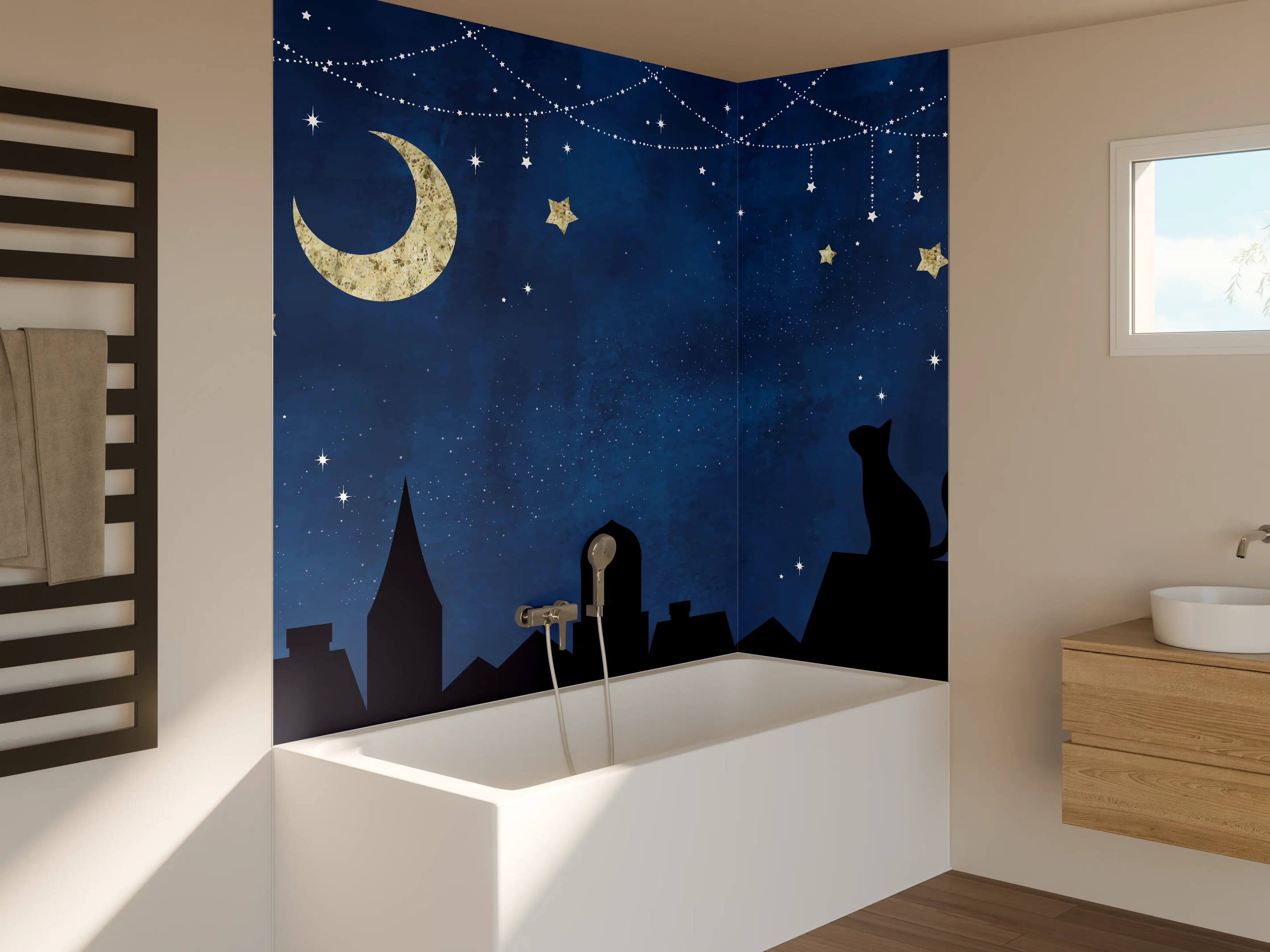 Badewannen-Rückwand - Sternennacht Katzen Silhouette