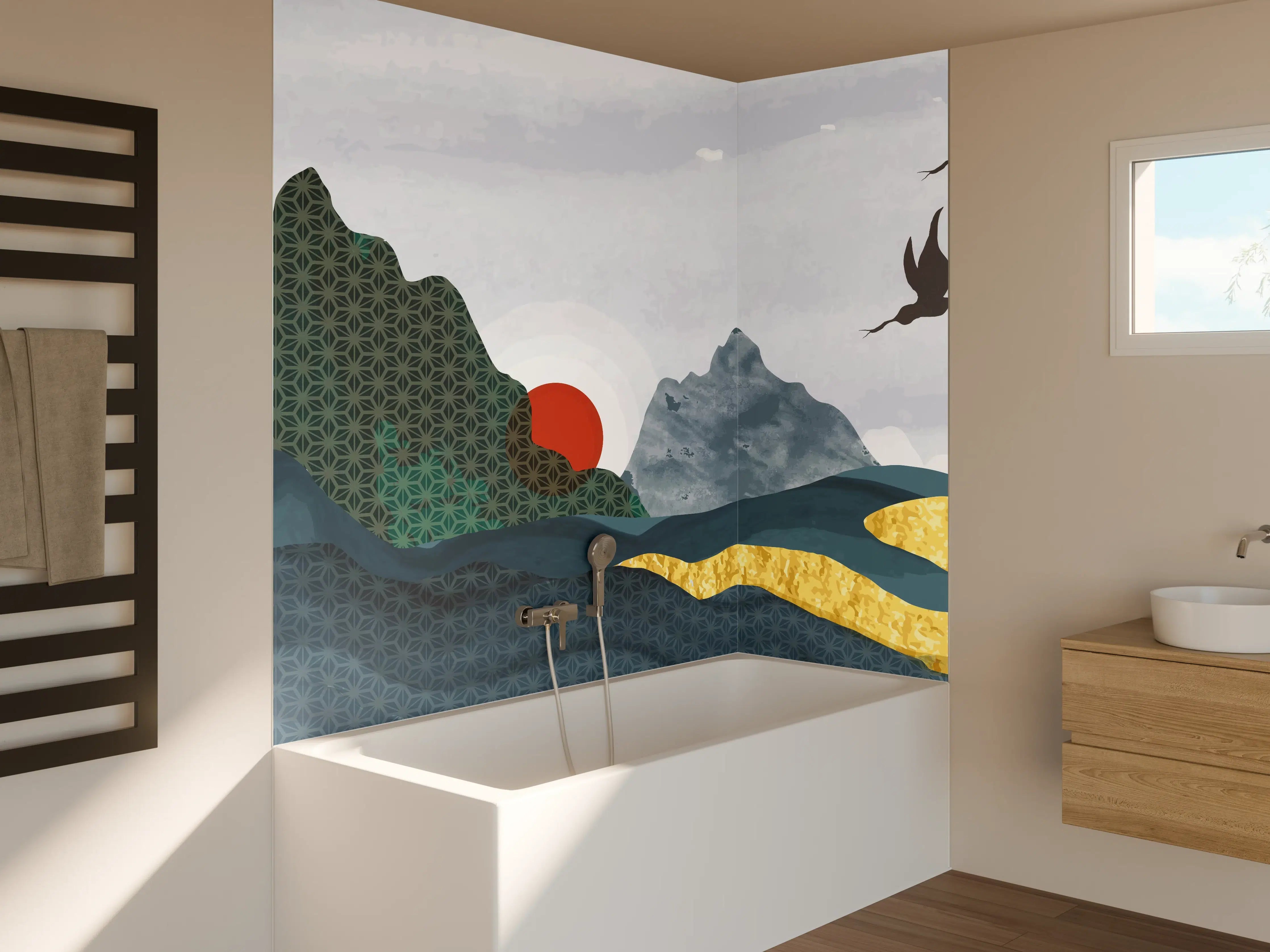 Badewannen-Rückwand - Stilvolle Berglandschaft bei Sonnenuntergang