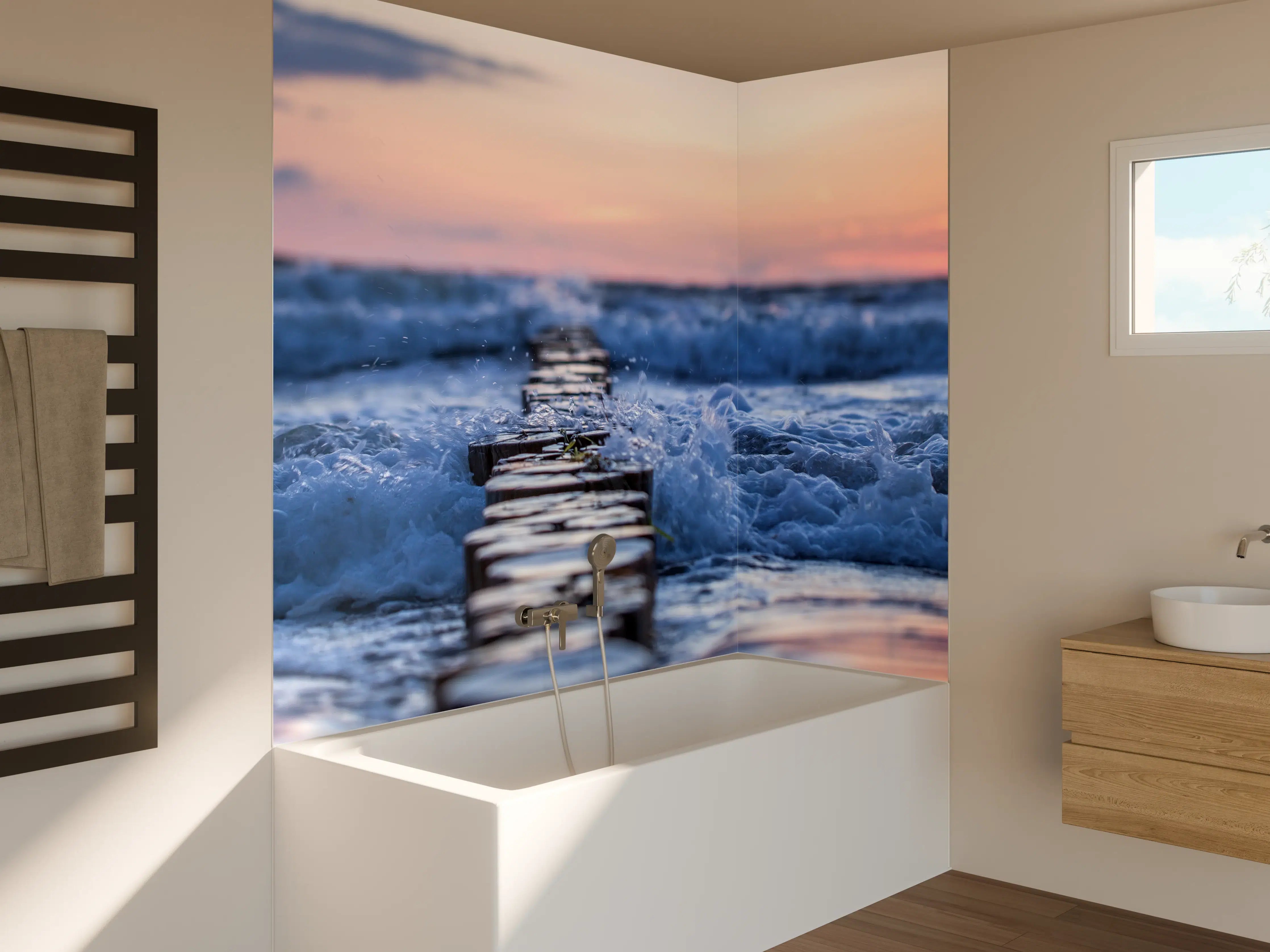 Badewannen-Rückwand - Stimmungsvoller Sonnenuntergang über graublauem Meer