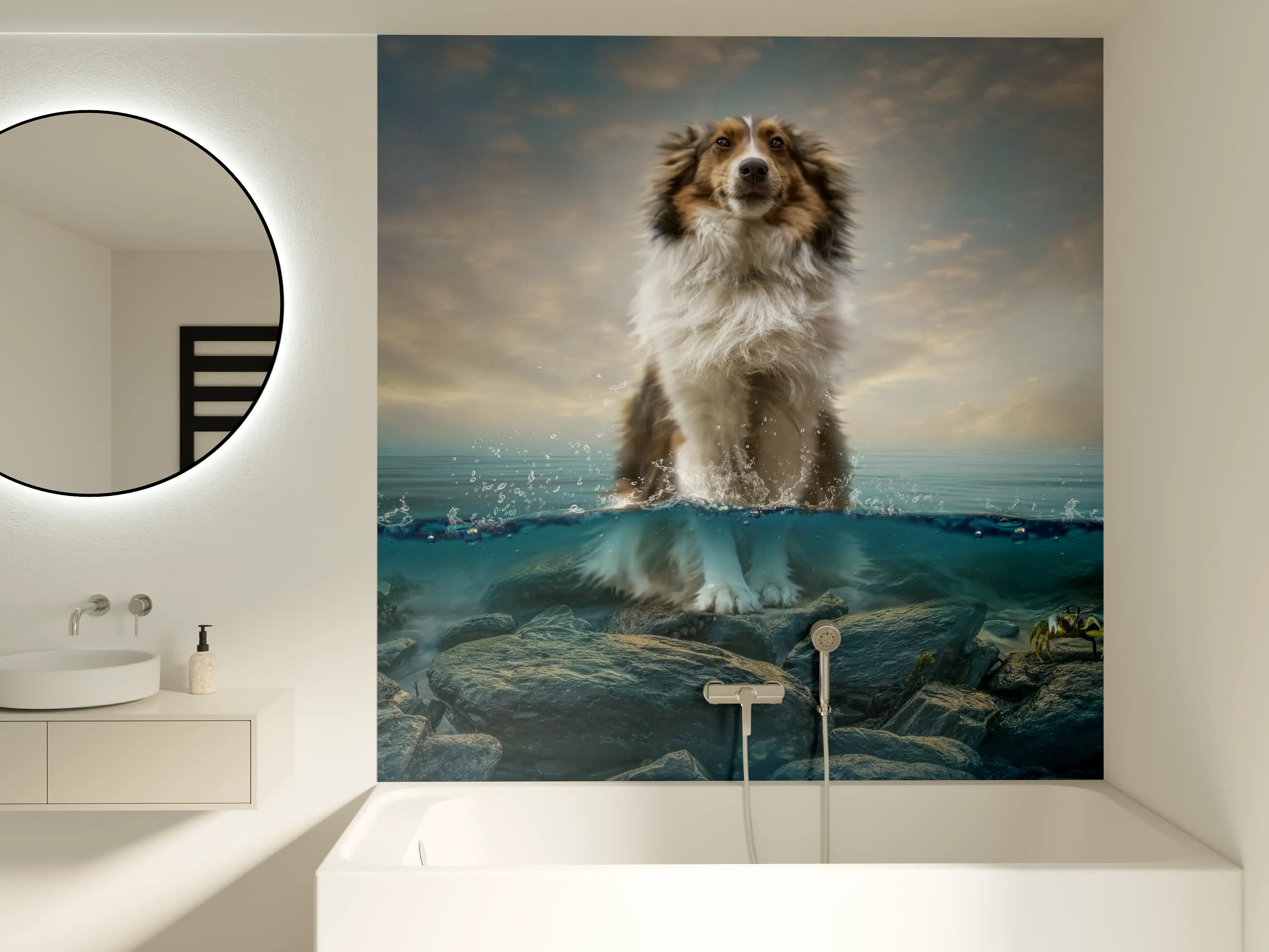 Badewannen-Rückwand - Stolzer Shetland-Schäferhund im Wasser